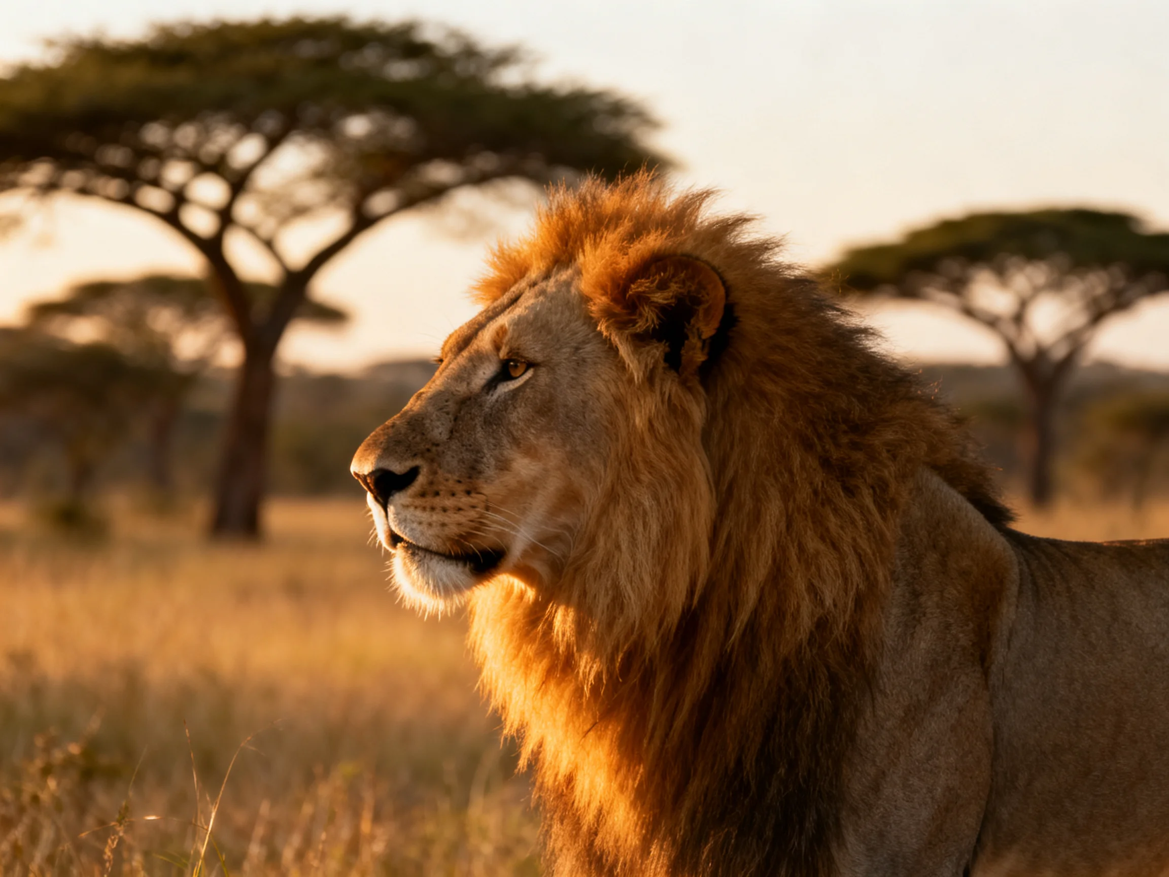 A lion gazes into the distance in a sun-drenched savannah.