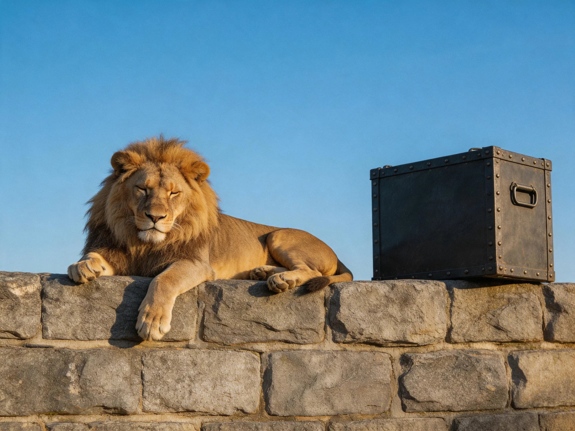A lion with a thick mane lies on a stone wall near a metal chest under clear sky