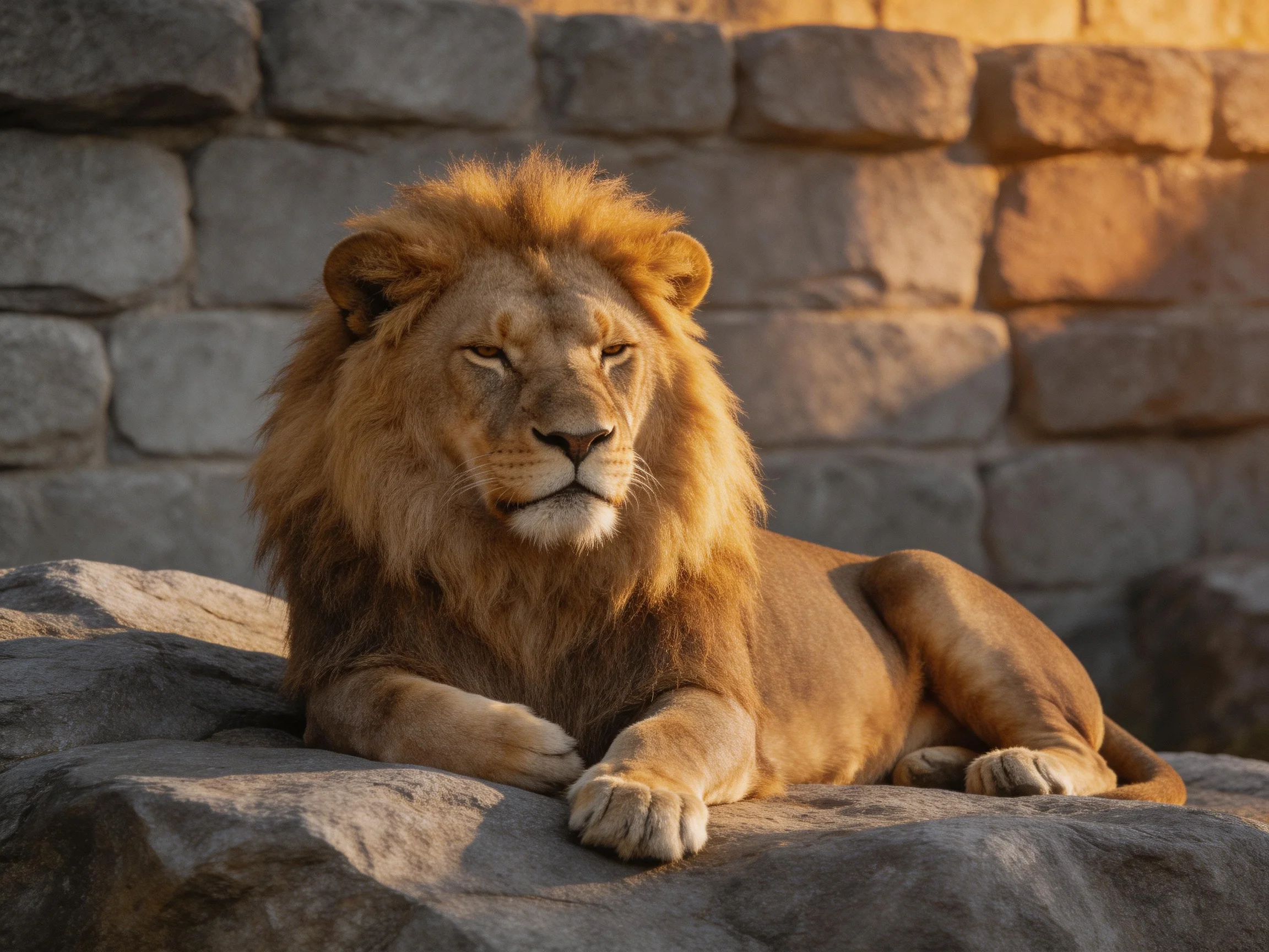 A lion rests on rocks next to a stone wall under warm sunlight.