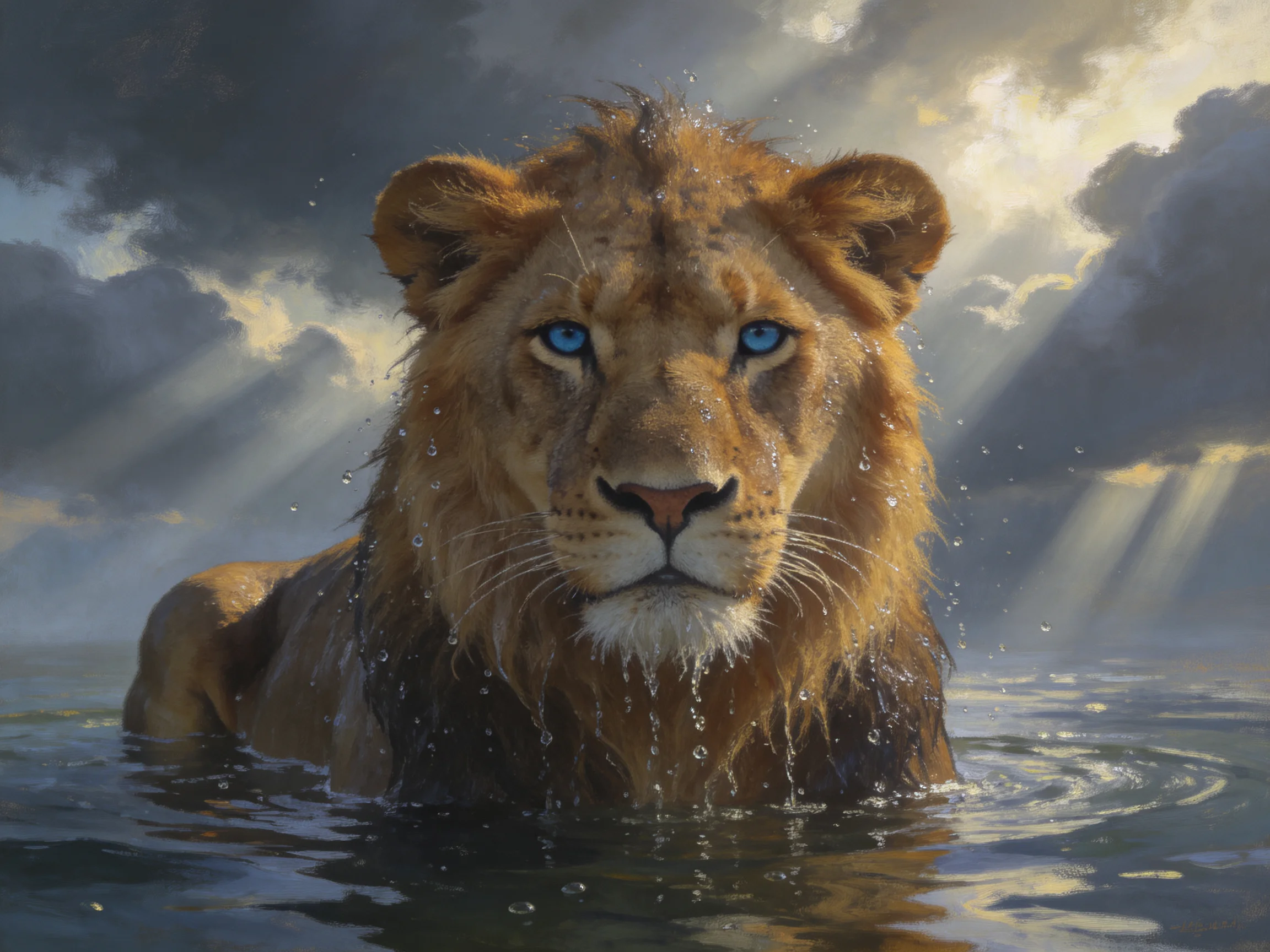 A lion with blue eyes stands in water beneath a stormy sky.