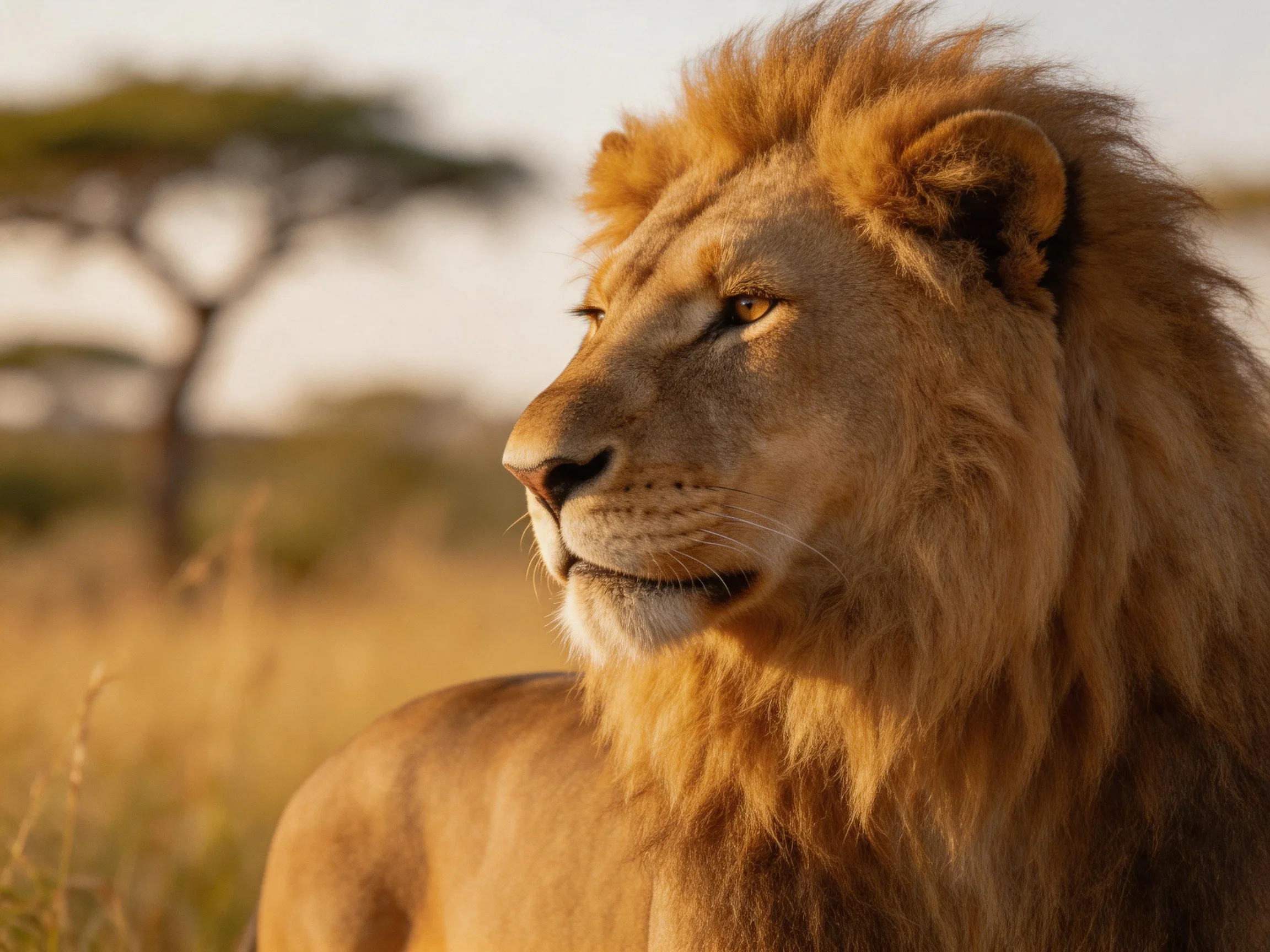 A lion with golden mane observes the savannah surroundings.