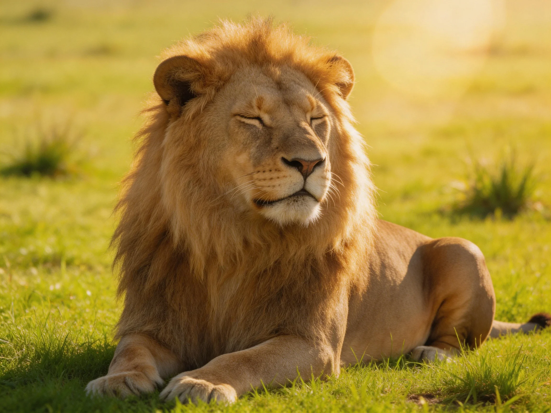A lion relaxes on green grass in bright sunlight.