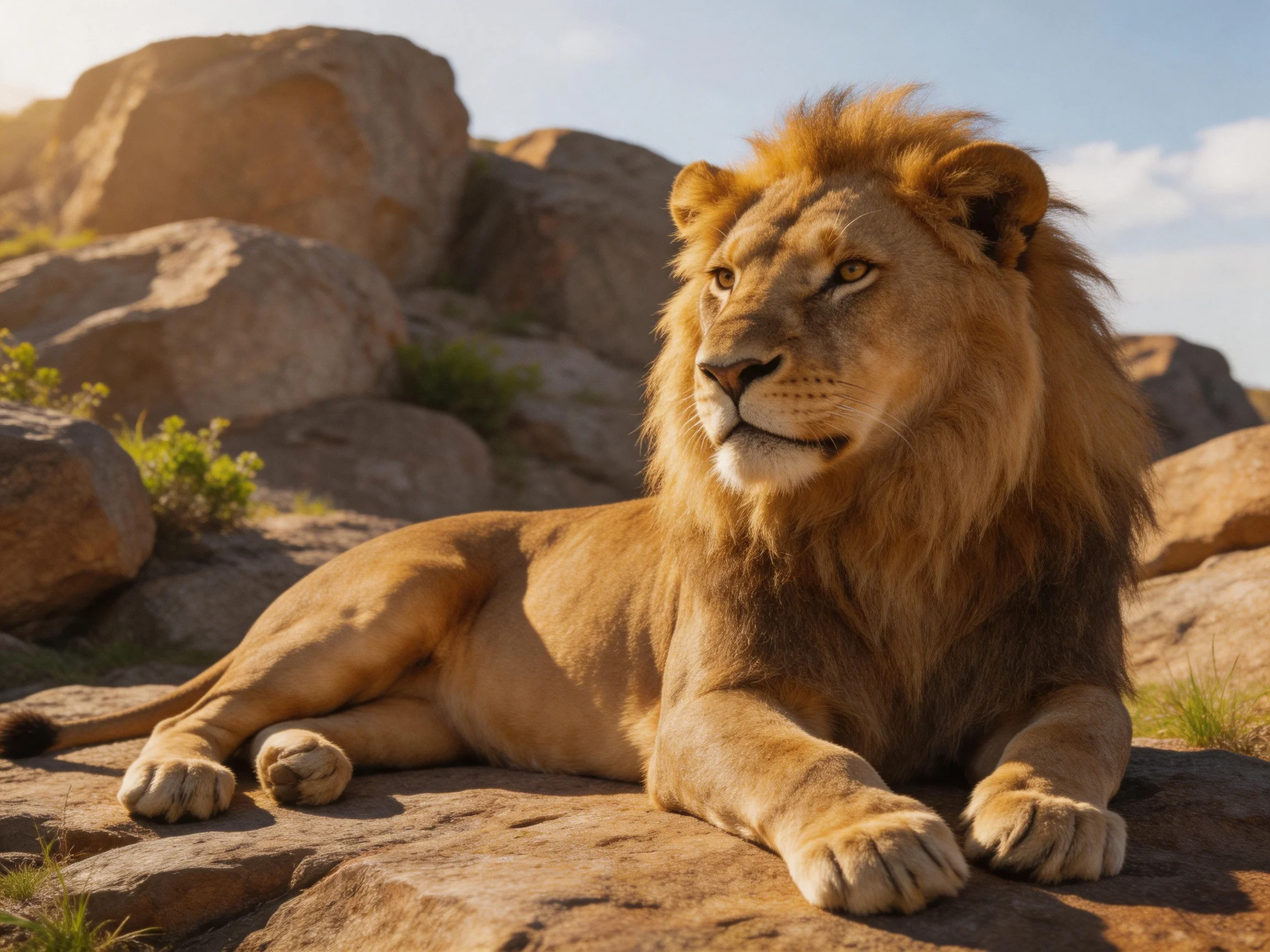 A lion with golden mane rests on rocks in a rocky outdoor setting.