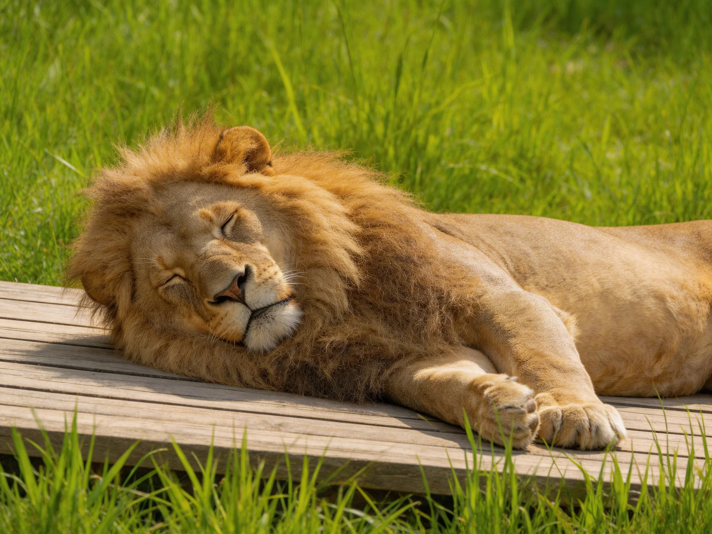 A lion with closed eyes rests on a wooden platform surrounded by lush green grass.