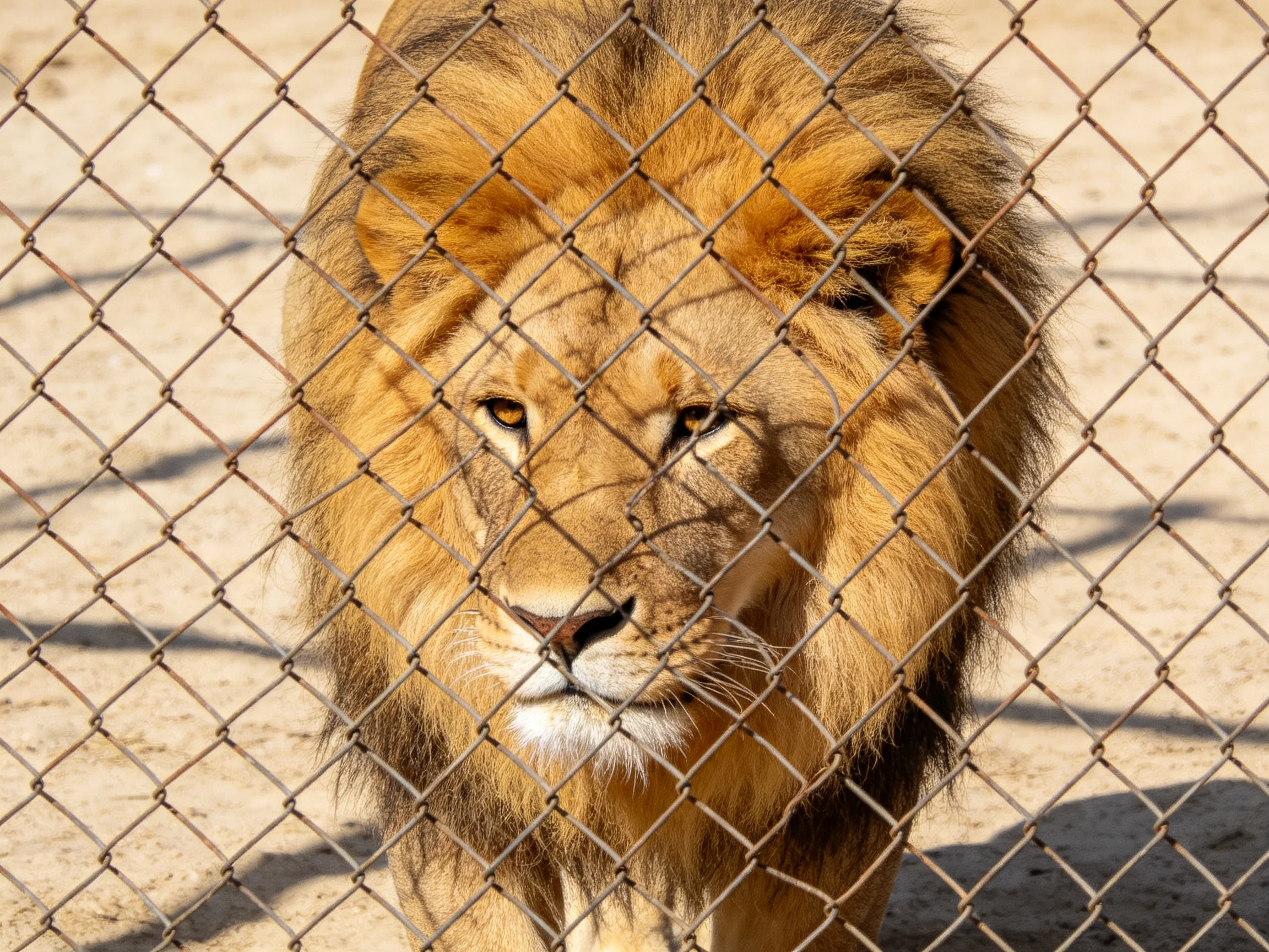 A lion stands behind a chain-link fence in an enclosure.