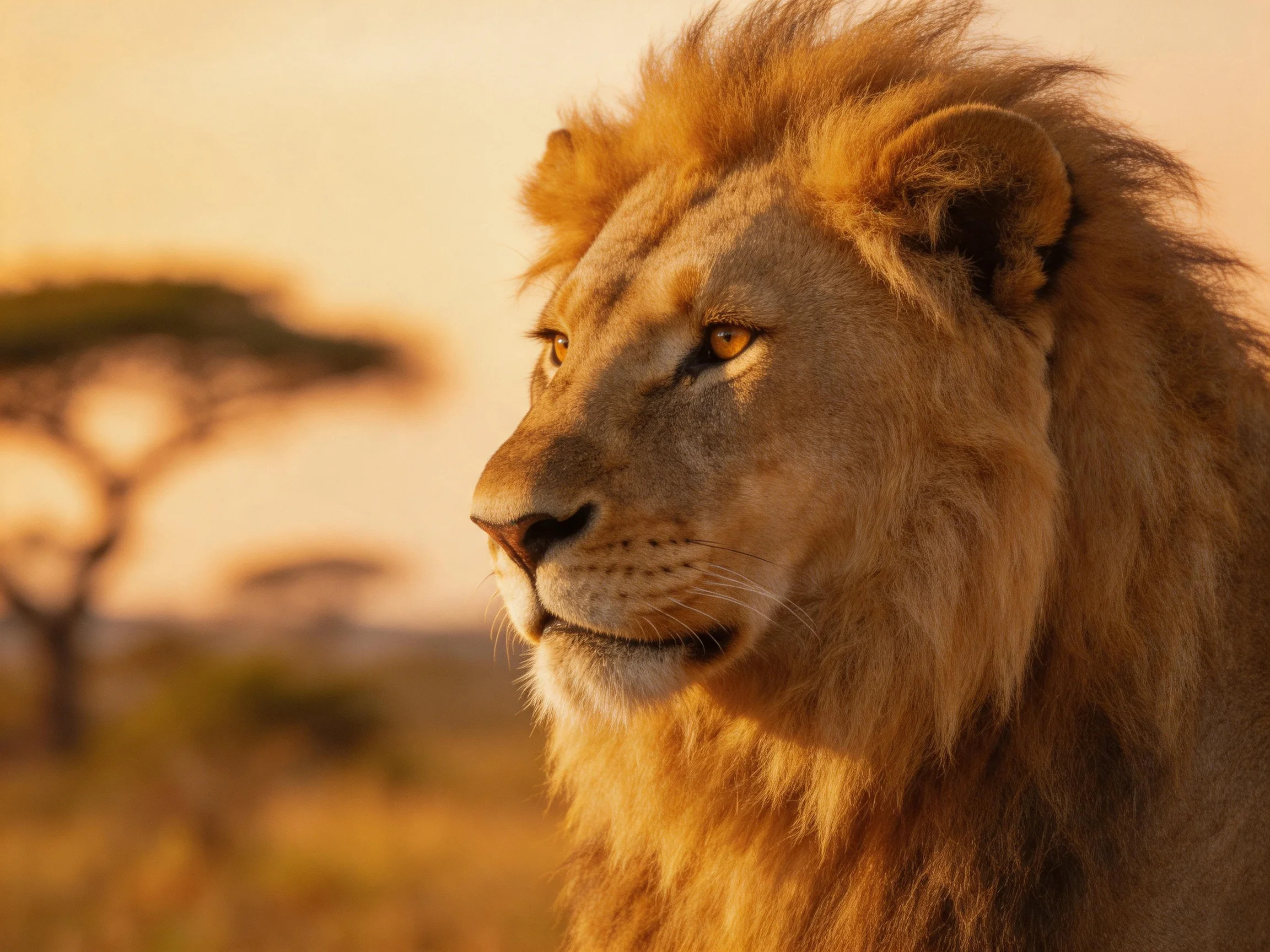 A lion stands in a sunlit savannah with blurred acacia trees