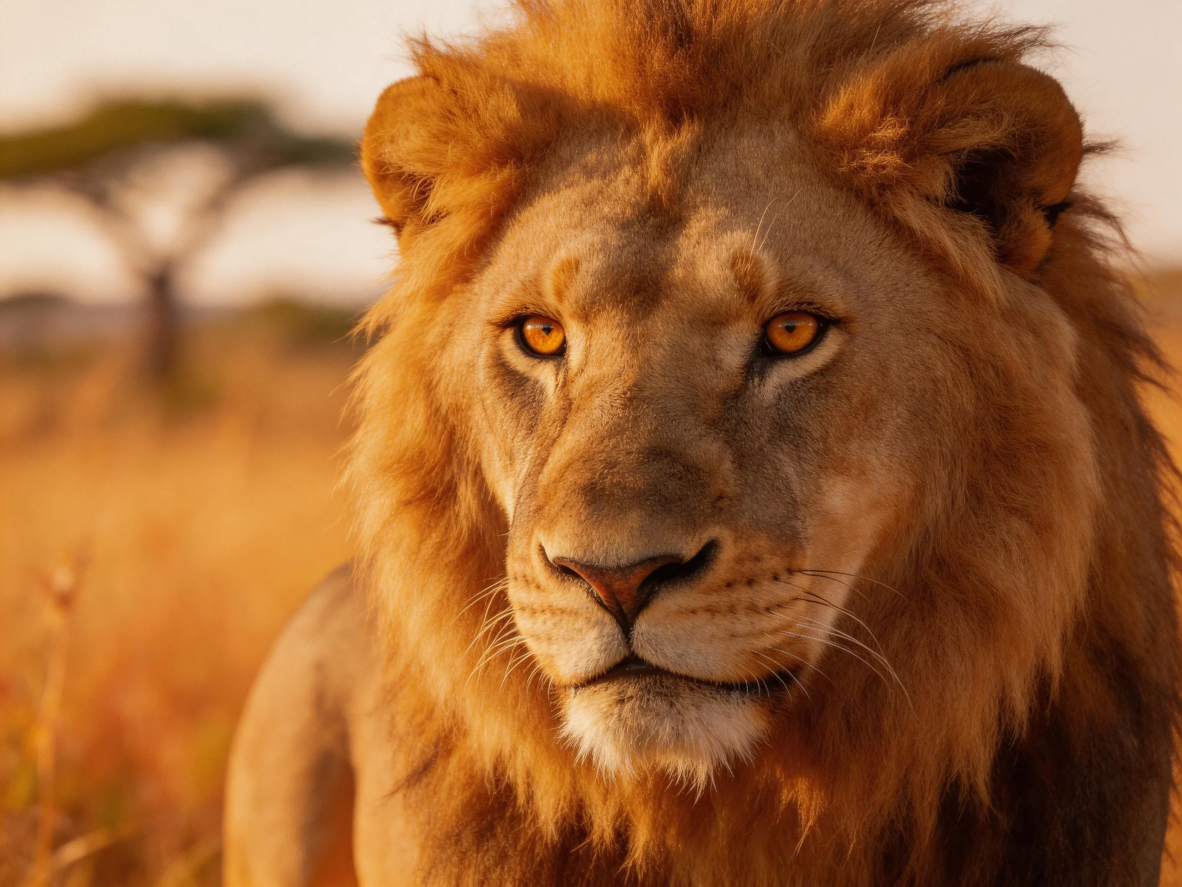 Close - up of a lion with golden fur in sunlit savannah.