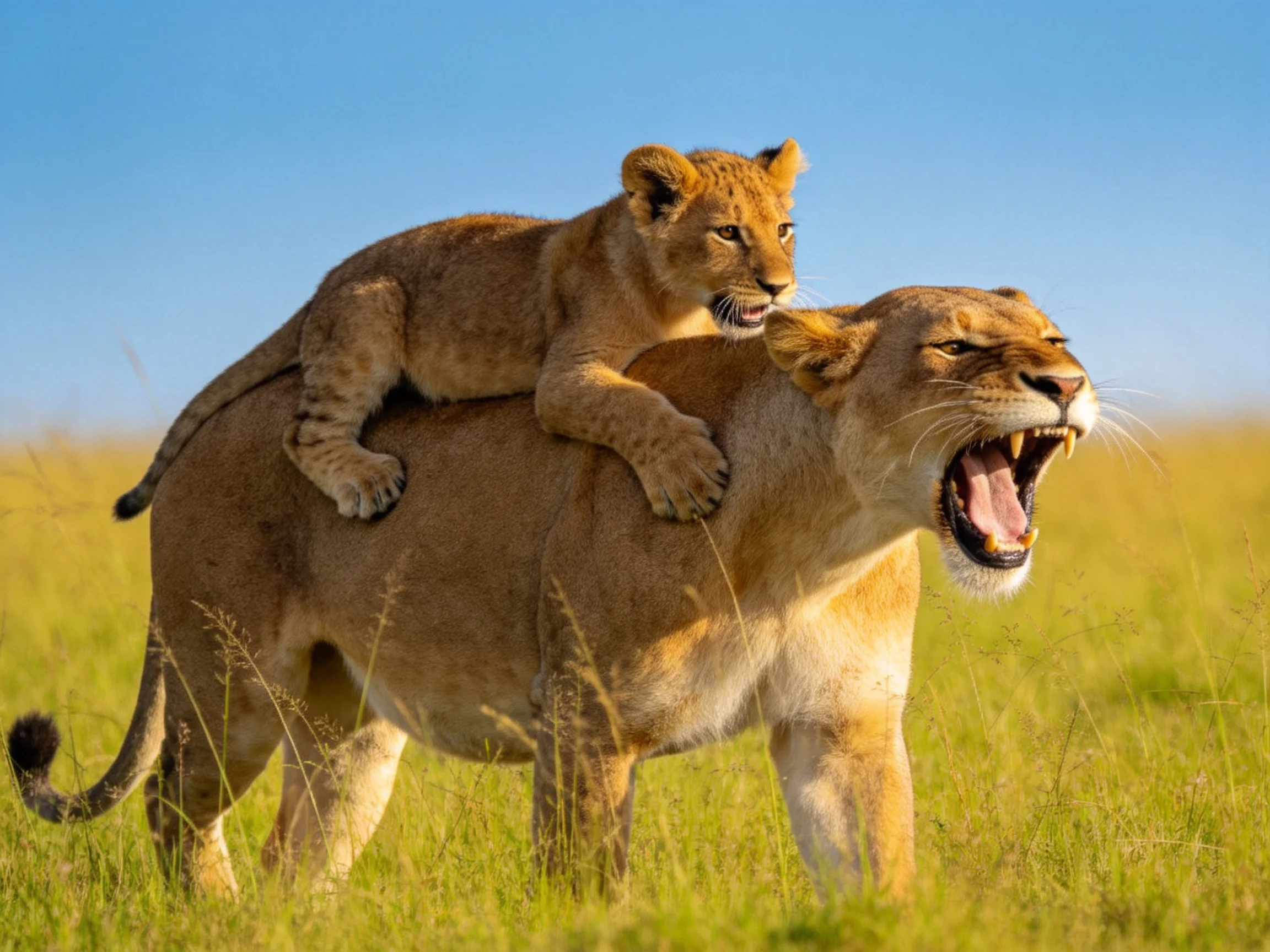 An adult lioness and her cub interact in a sunlit savannah.