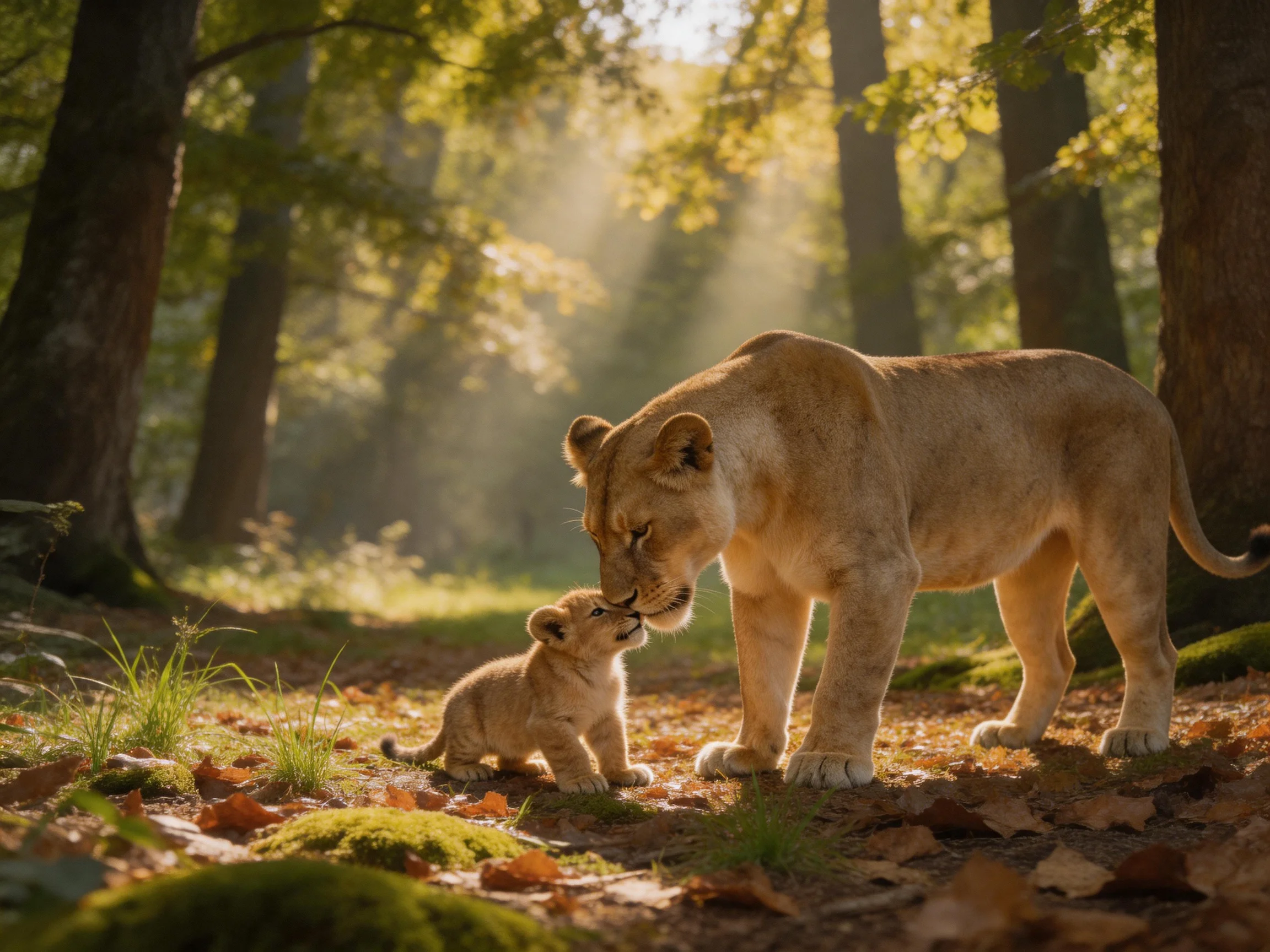 A lioness and cub interact in a sun-dappled forest clearing