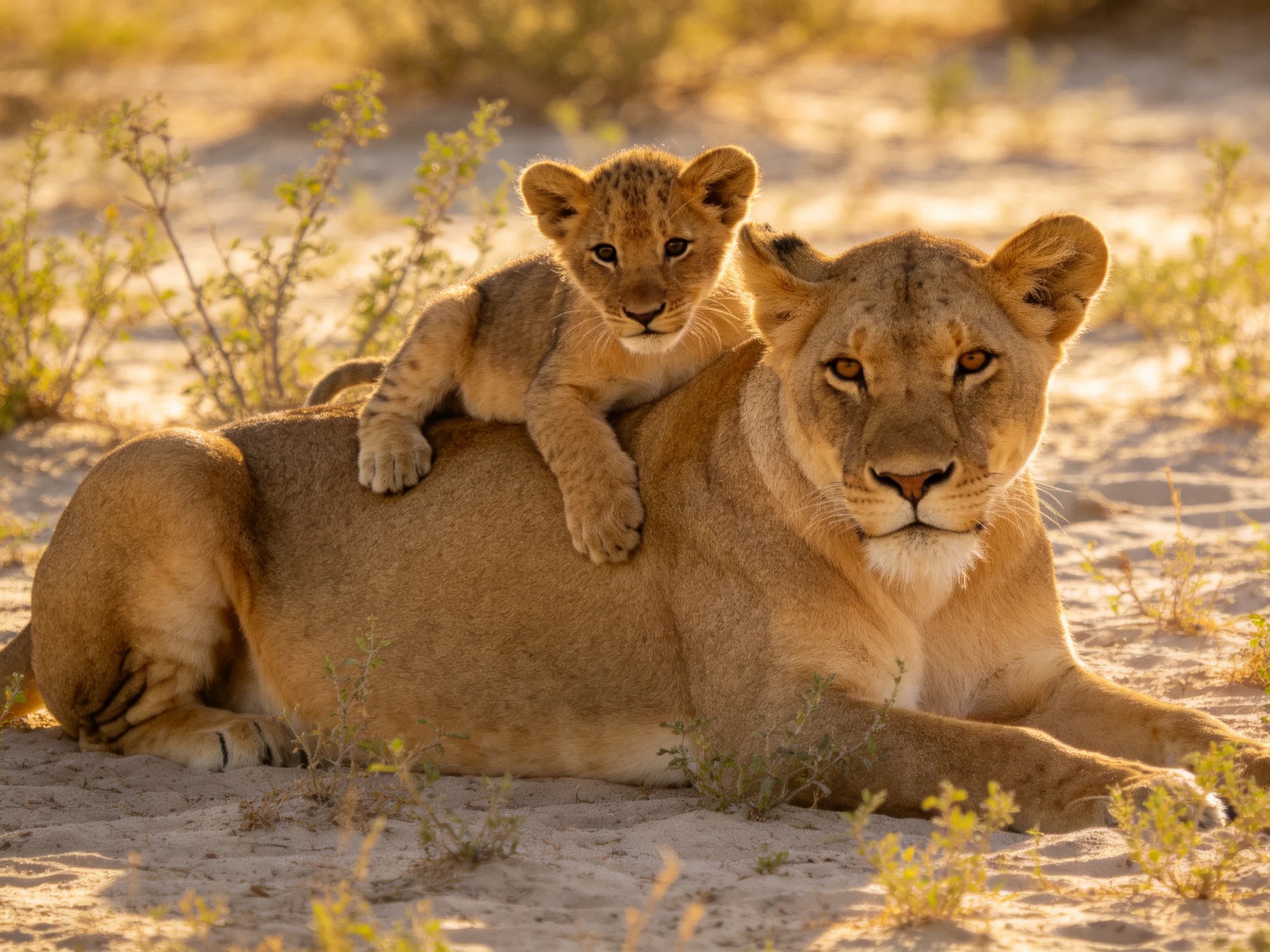 A lioness rests on sand with her cub perched on her back