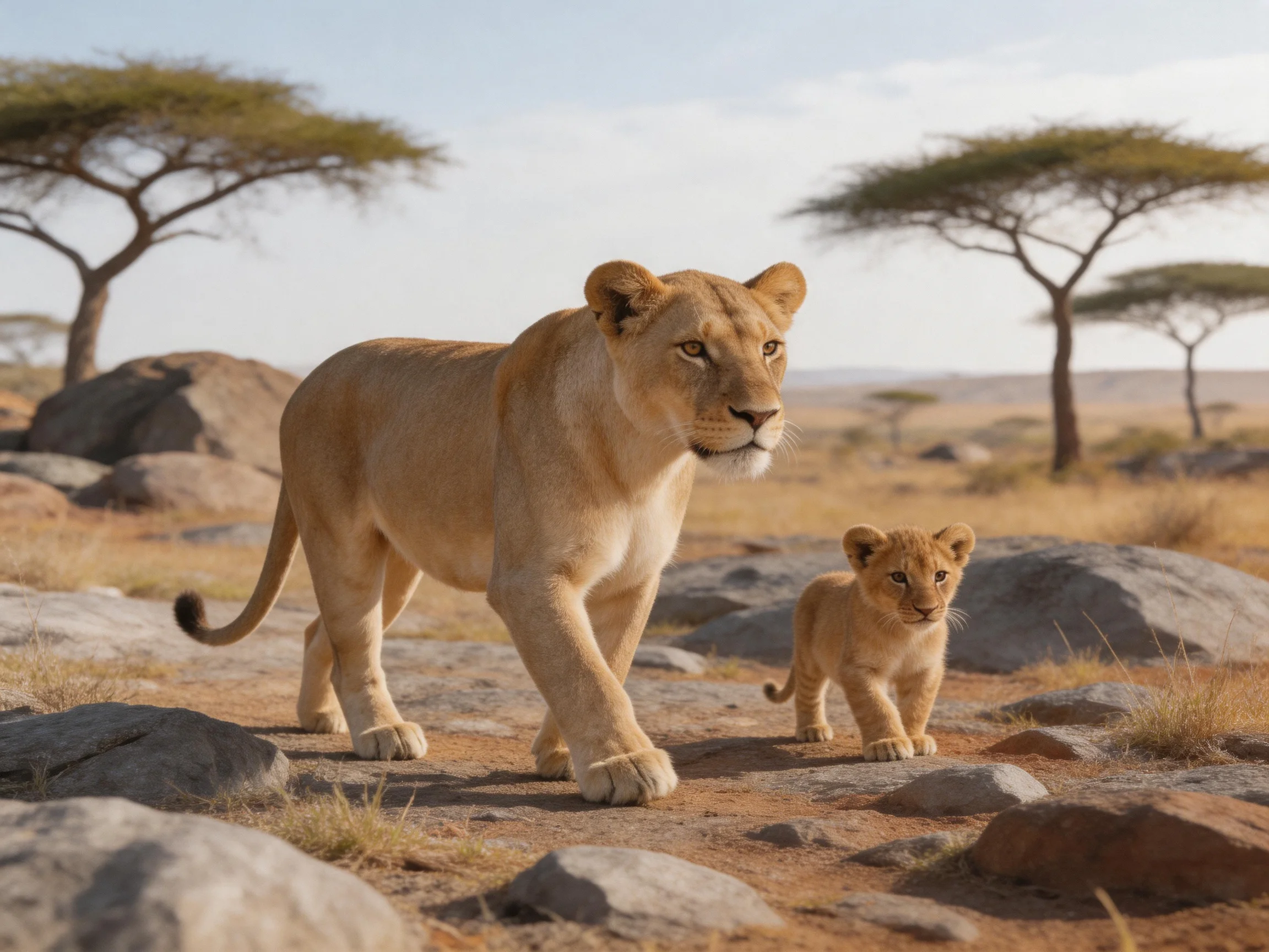 A lioness and cub traverse rocky savannah with acacia trees