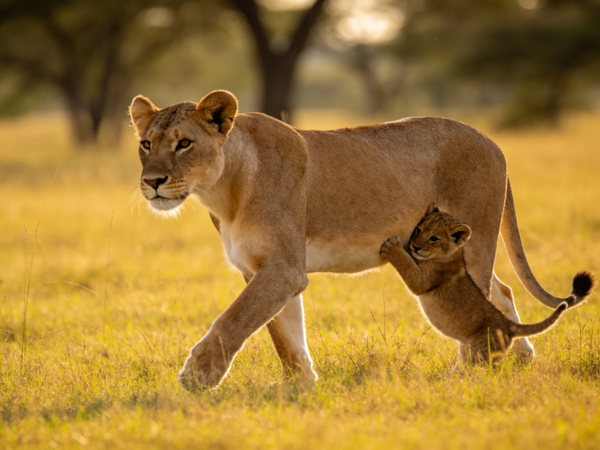 A lioness walks through golden savannah grass with her cub clinging to her side.