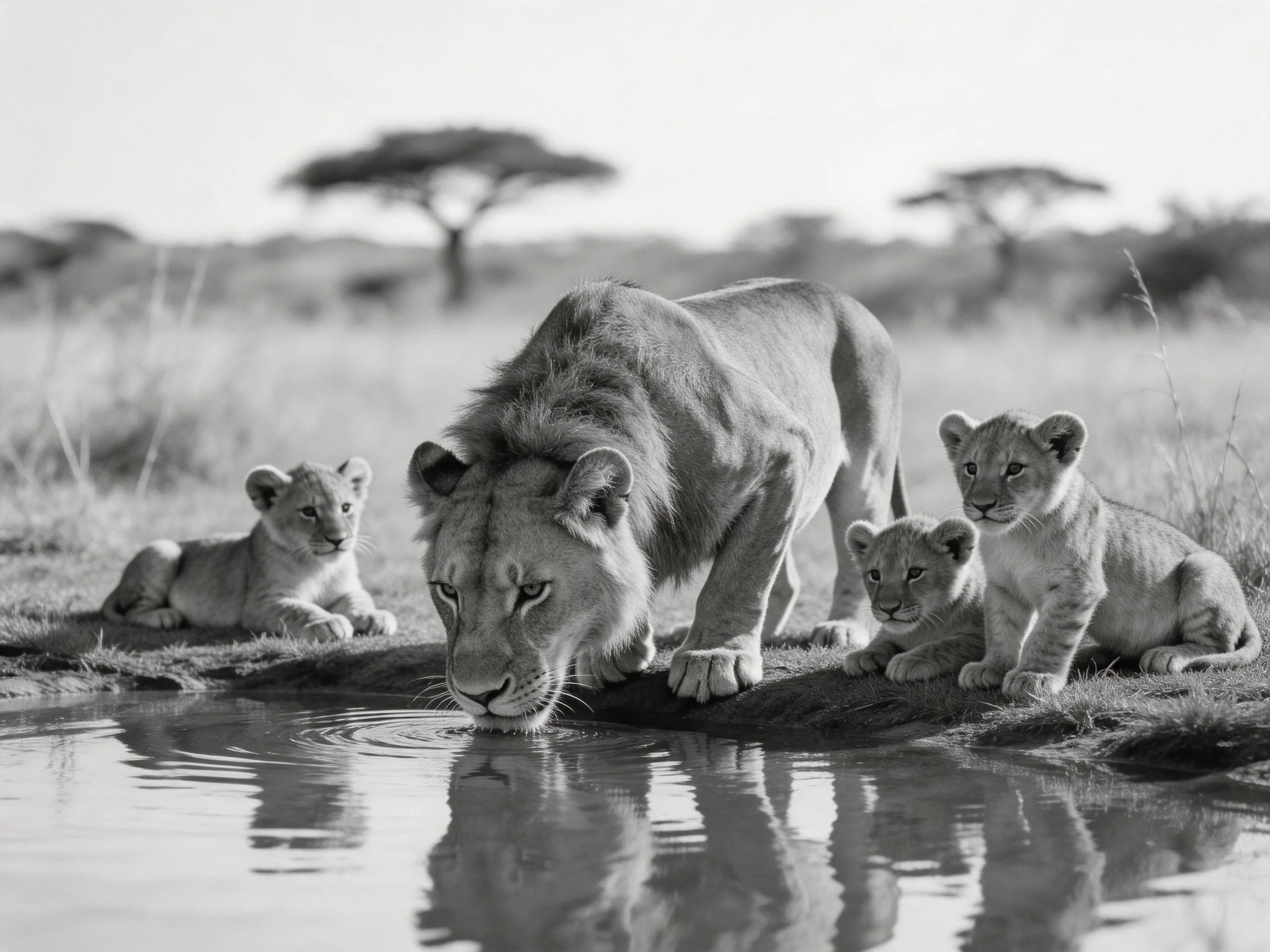 A lioness drinks from a watering hole while her three cubs watch nearby.