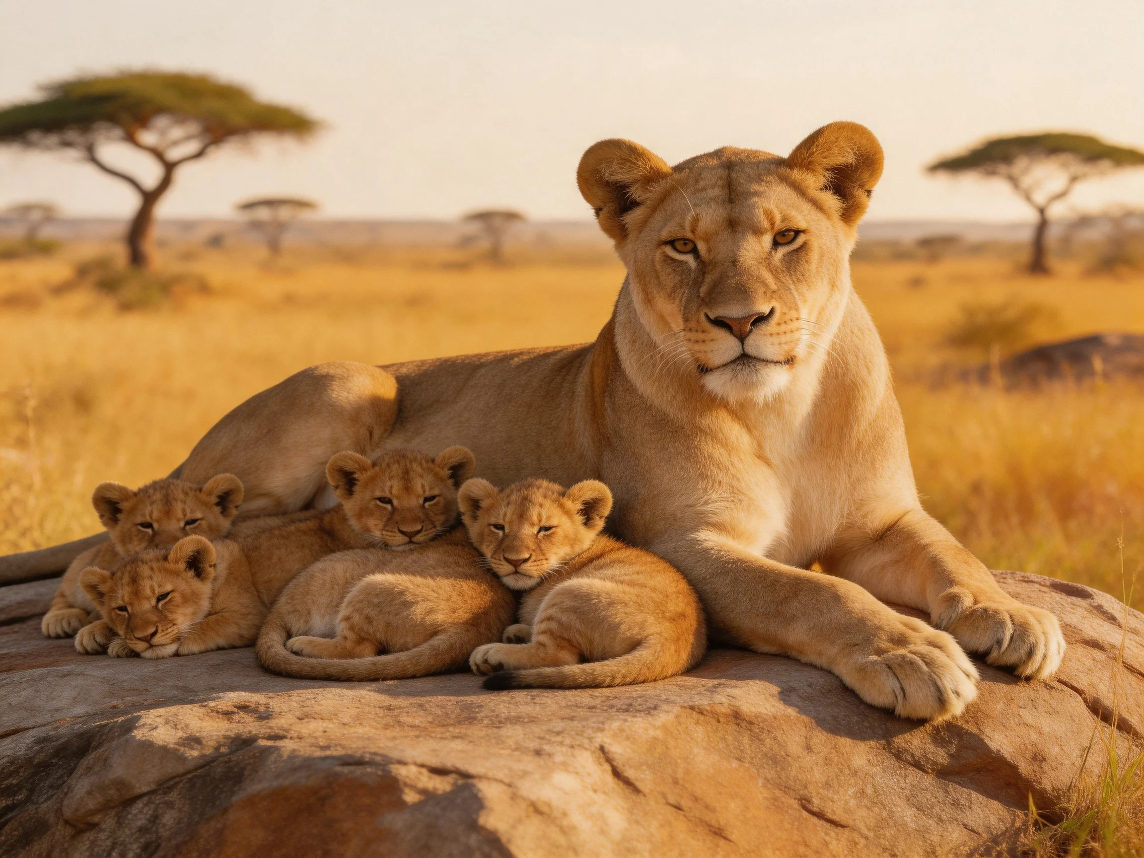 A lioness and three cubs rest on a rock in a golden savannah