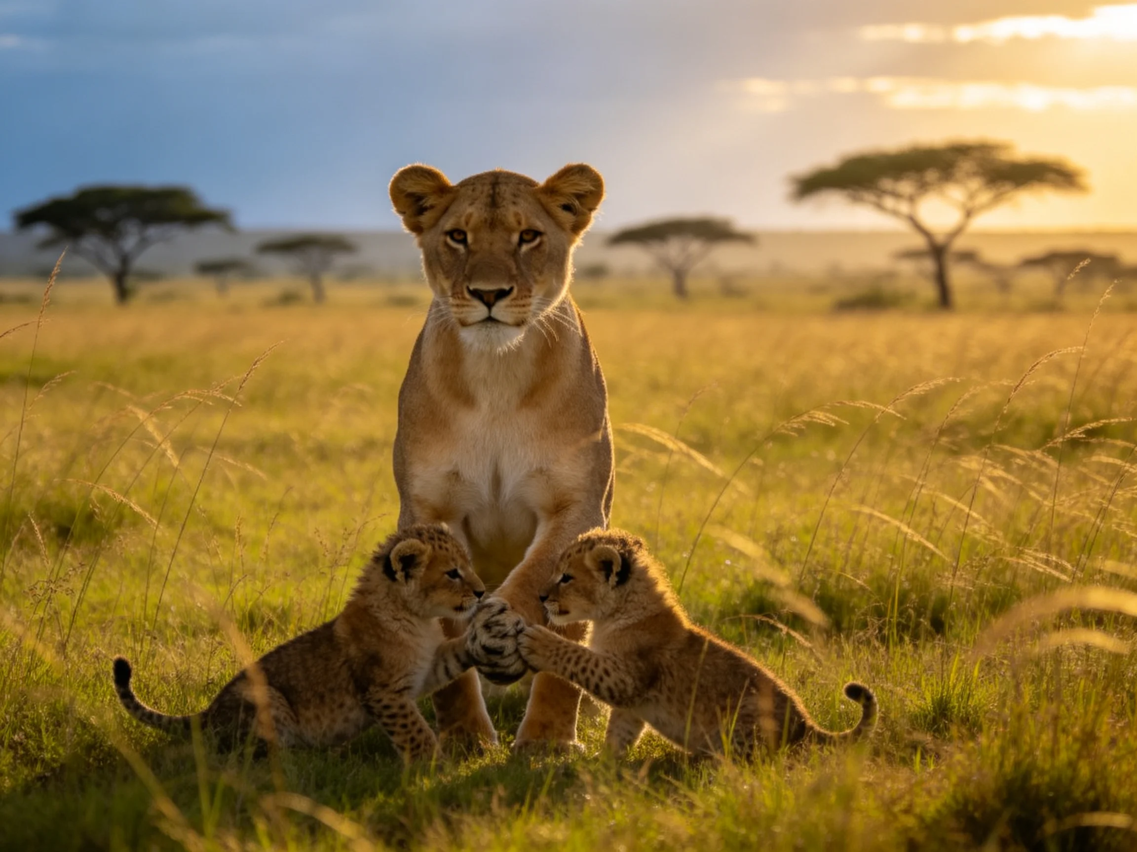 A lioness and two cubs in a golden savannah landscape