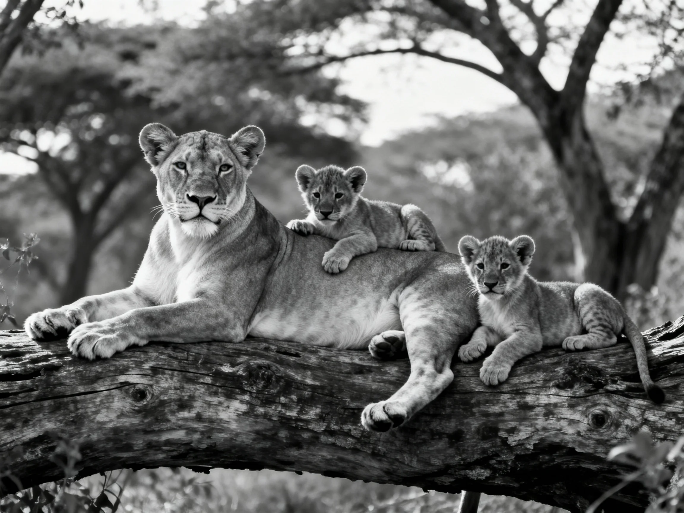 A lioness and two cubs rest on a thick tree branch