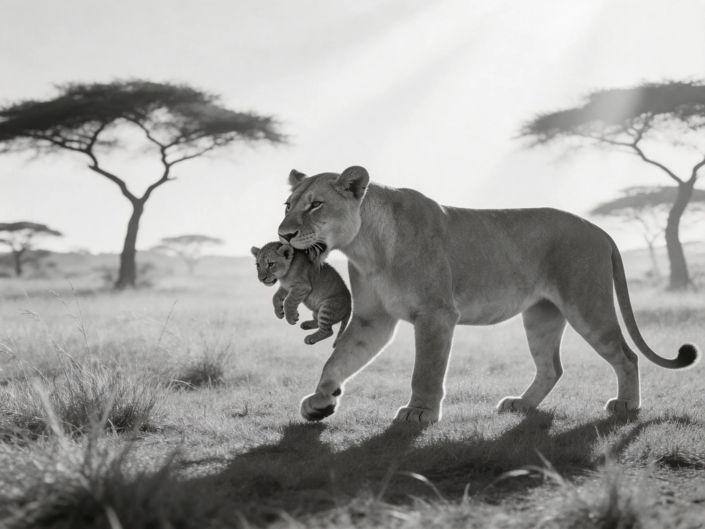A lioness carries her cub in a savannah landscape