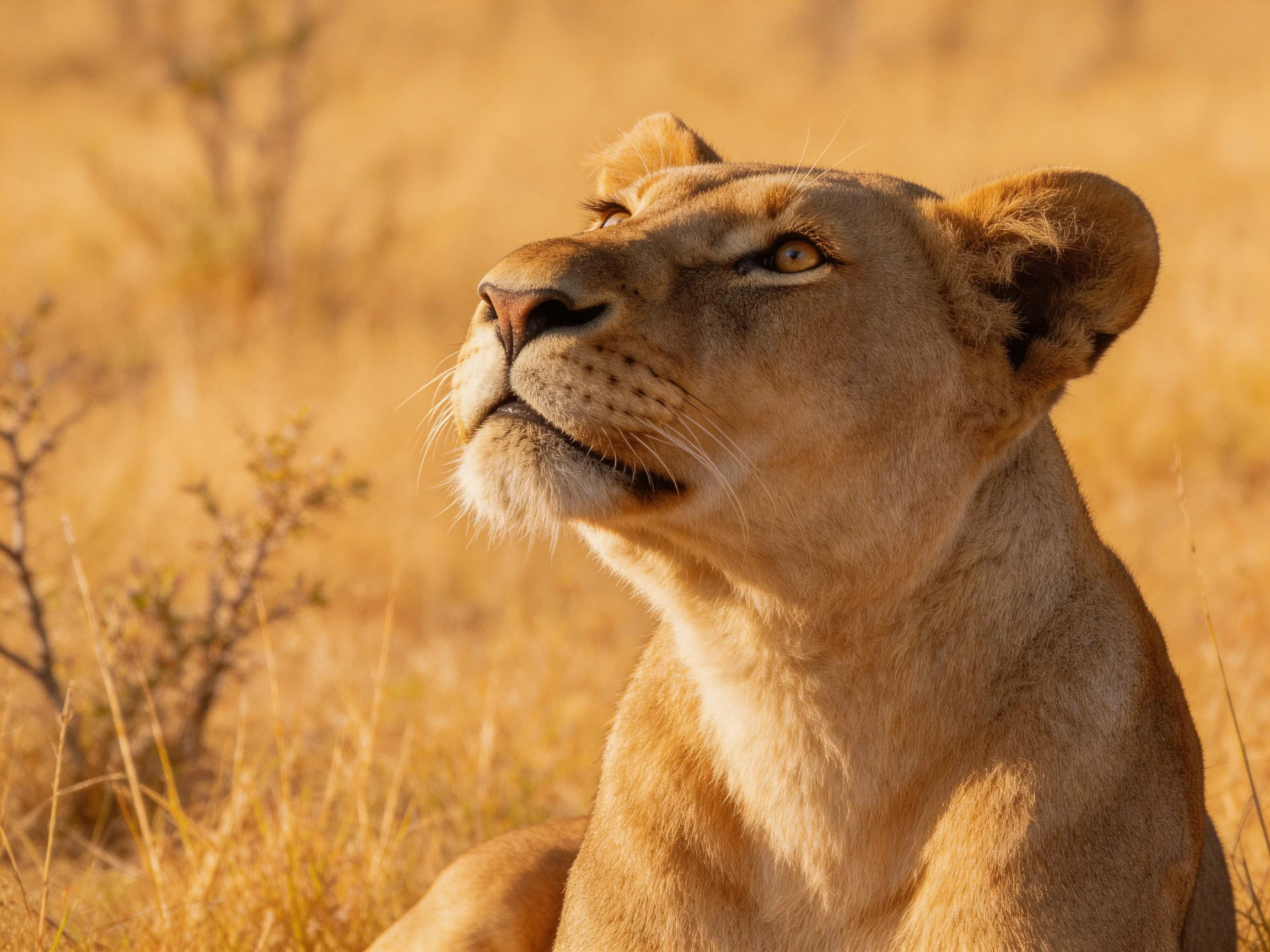 A lioness looks upward in a sunlit savannah landscape.