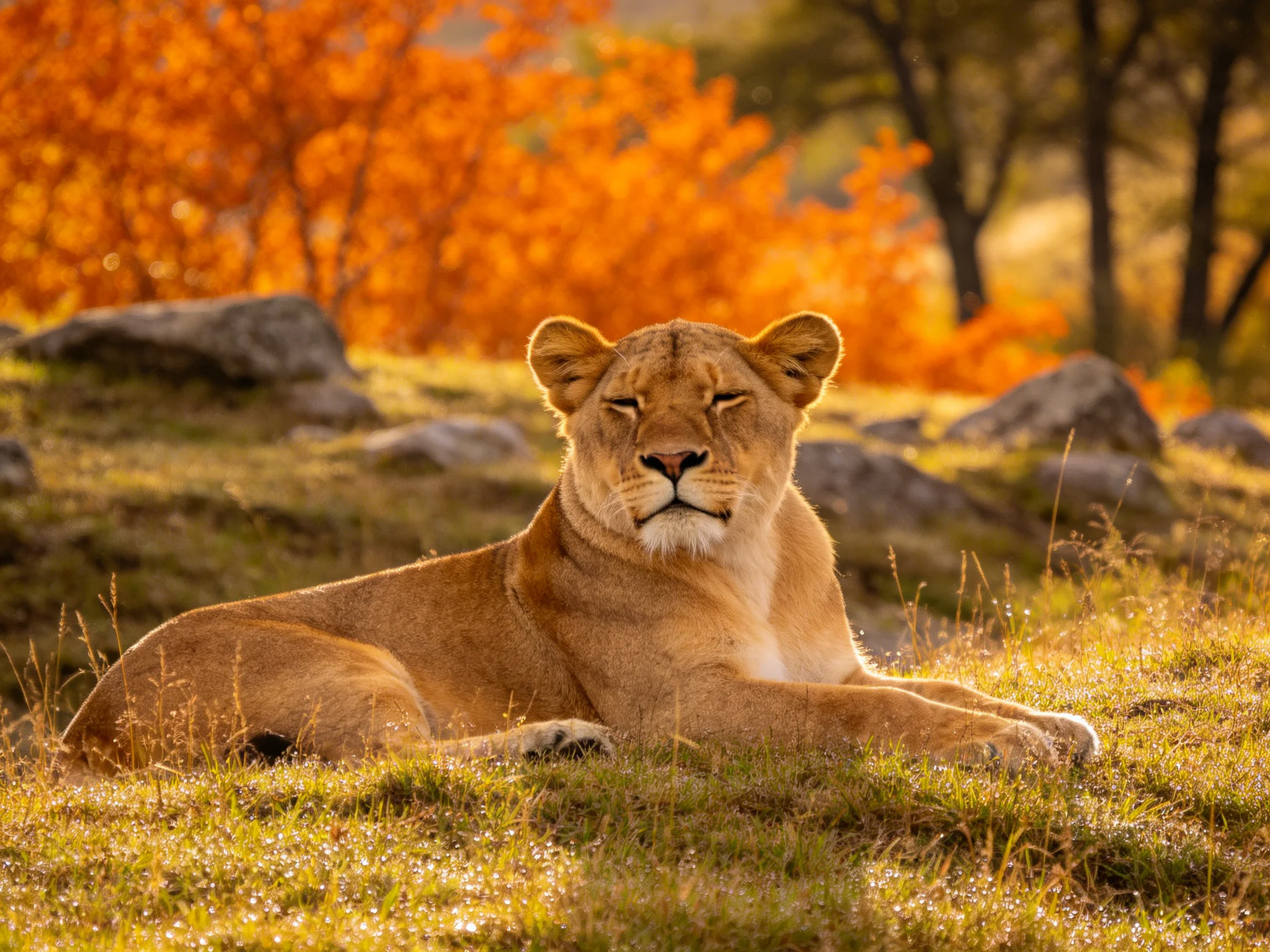 A lioness rests peacefully on grass near colorful fall trees and rocks.