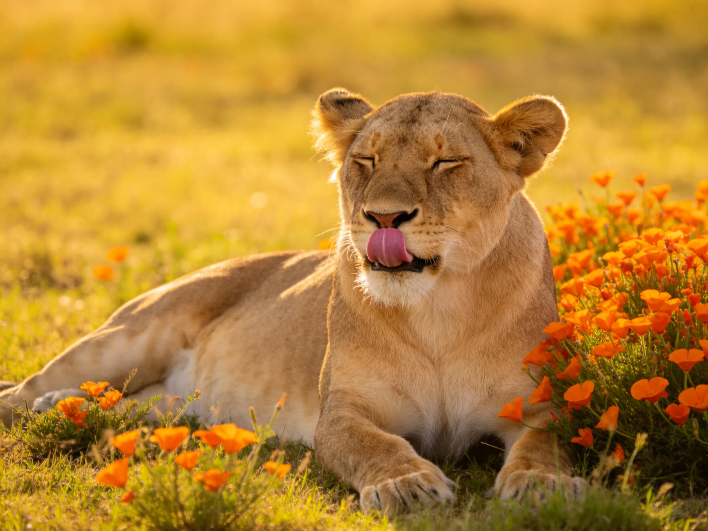 A lioness relaxing near bright orange flowers in golden light