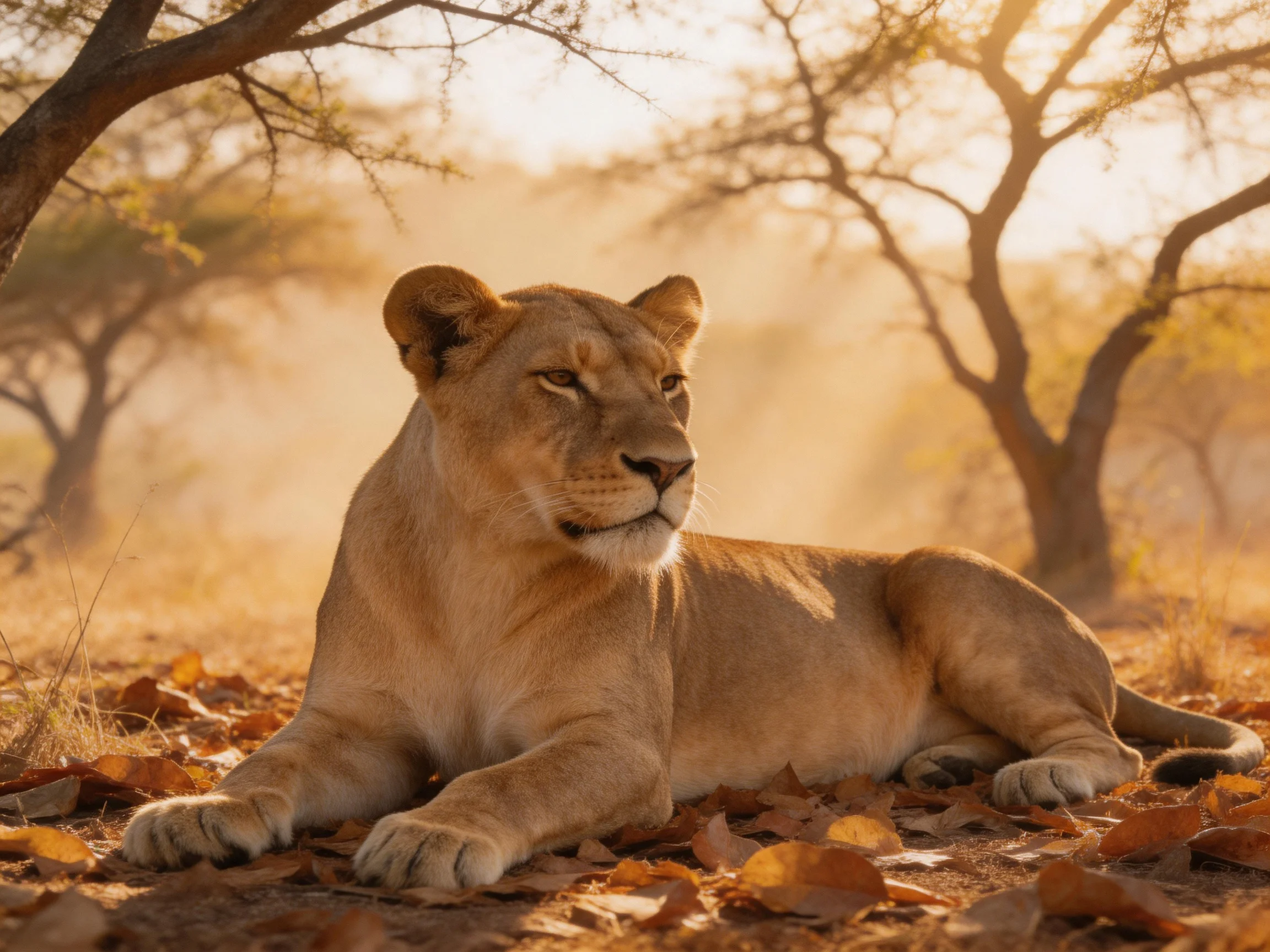A lioness rests amid golden autumn leaves in a sun-drenched savannah