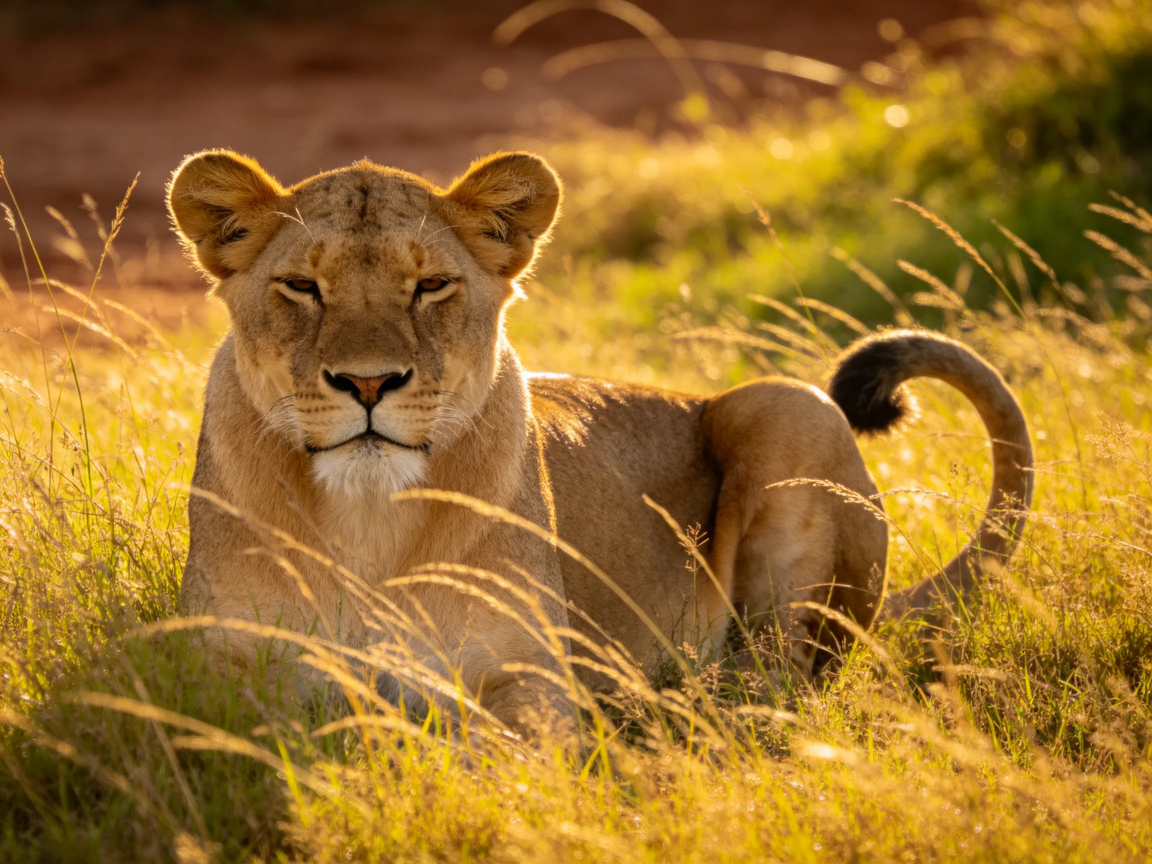 A lioness rests among golden grasses in warm sunlight