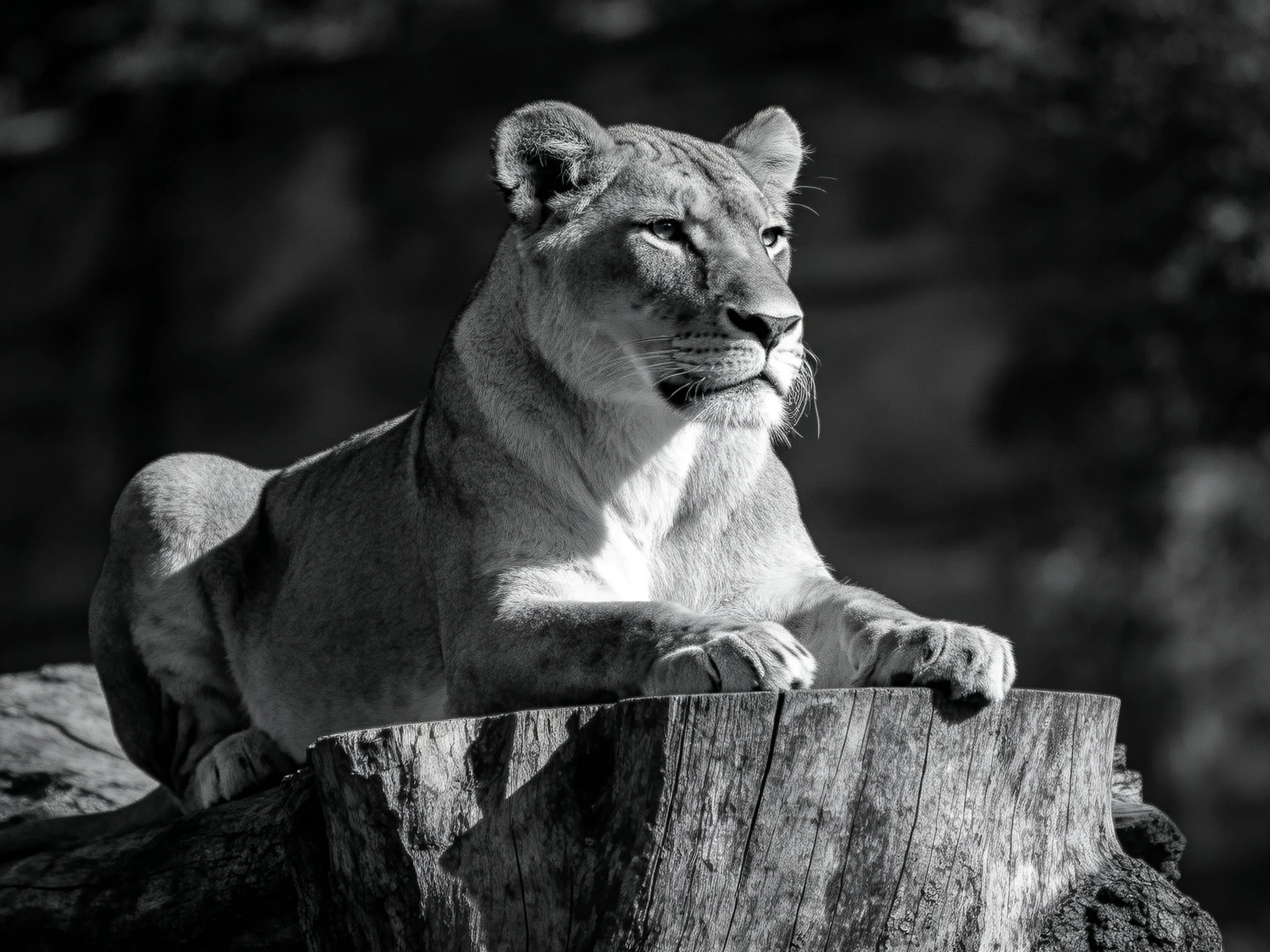 A lioness sits calmly on a large tree stump.
