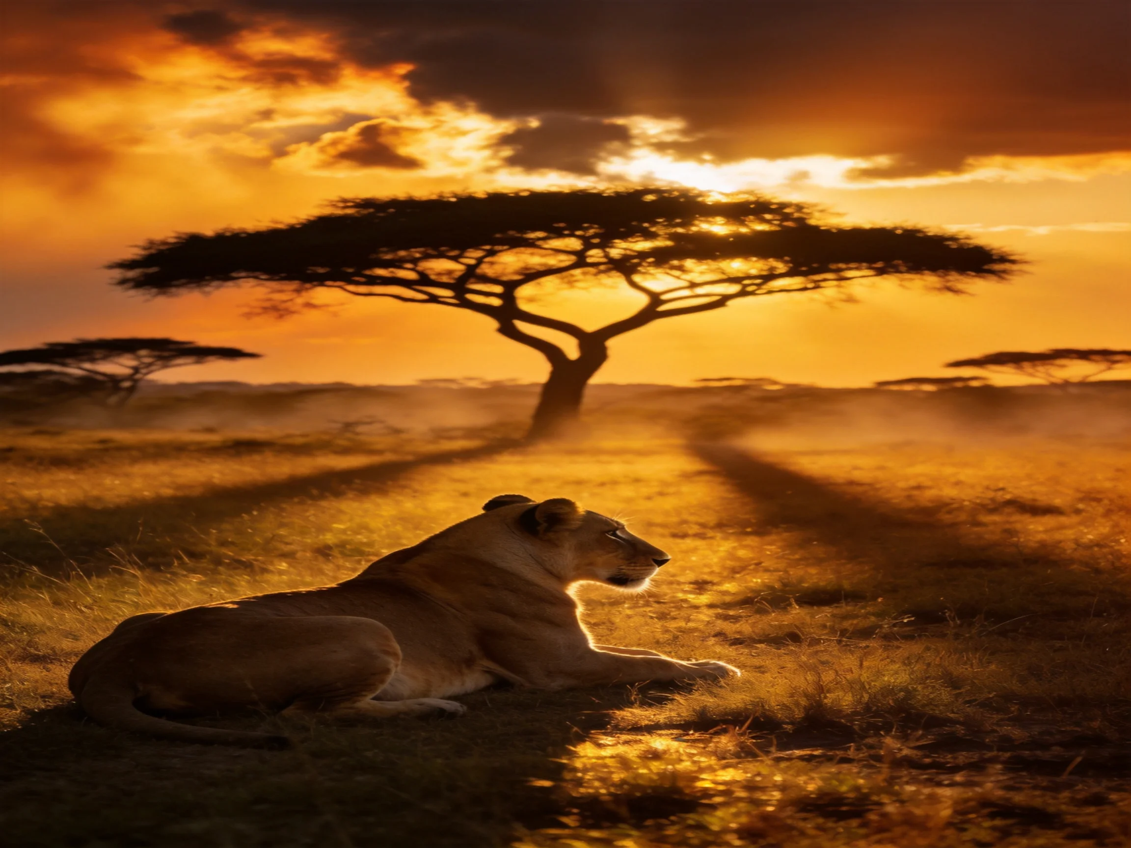 A lioness sits calmly in the golden savannah during sunset.
