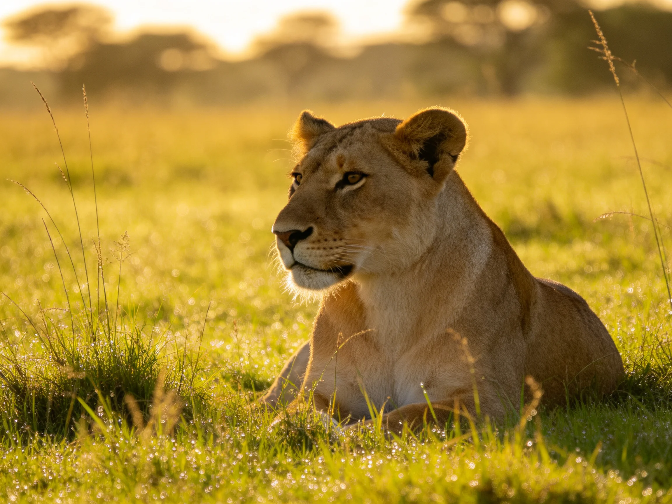 A lioness rests in golden savannah grass during golden hour