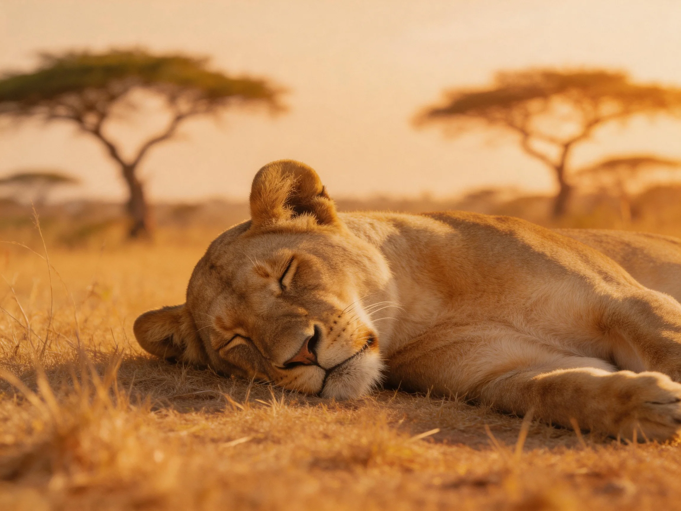 A lioness rests in golden savannah grasslands