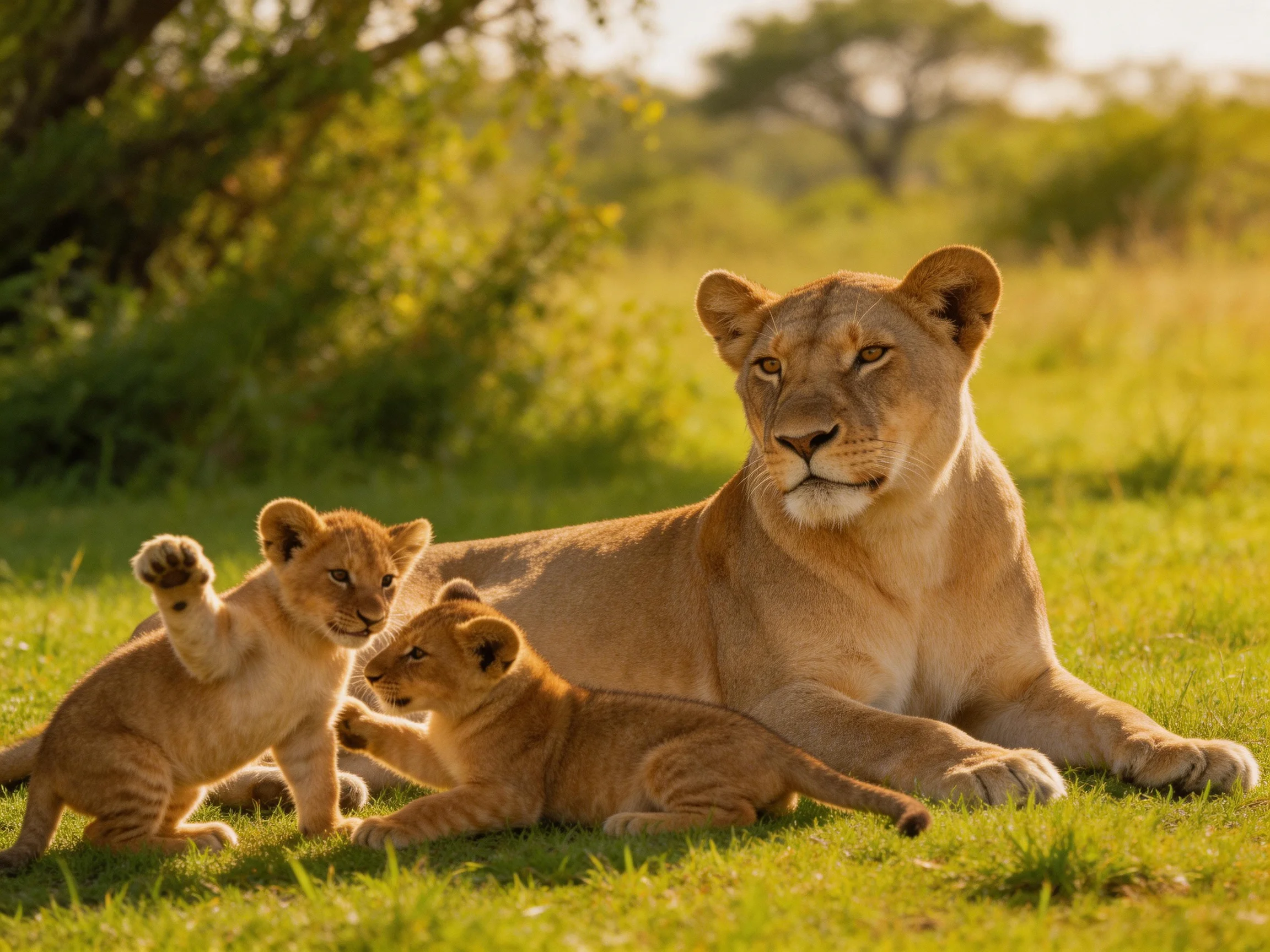 A lioness relaxes beside two playful cubs on sunlit grass.