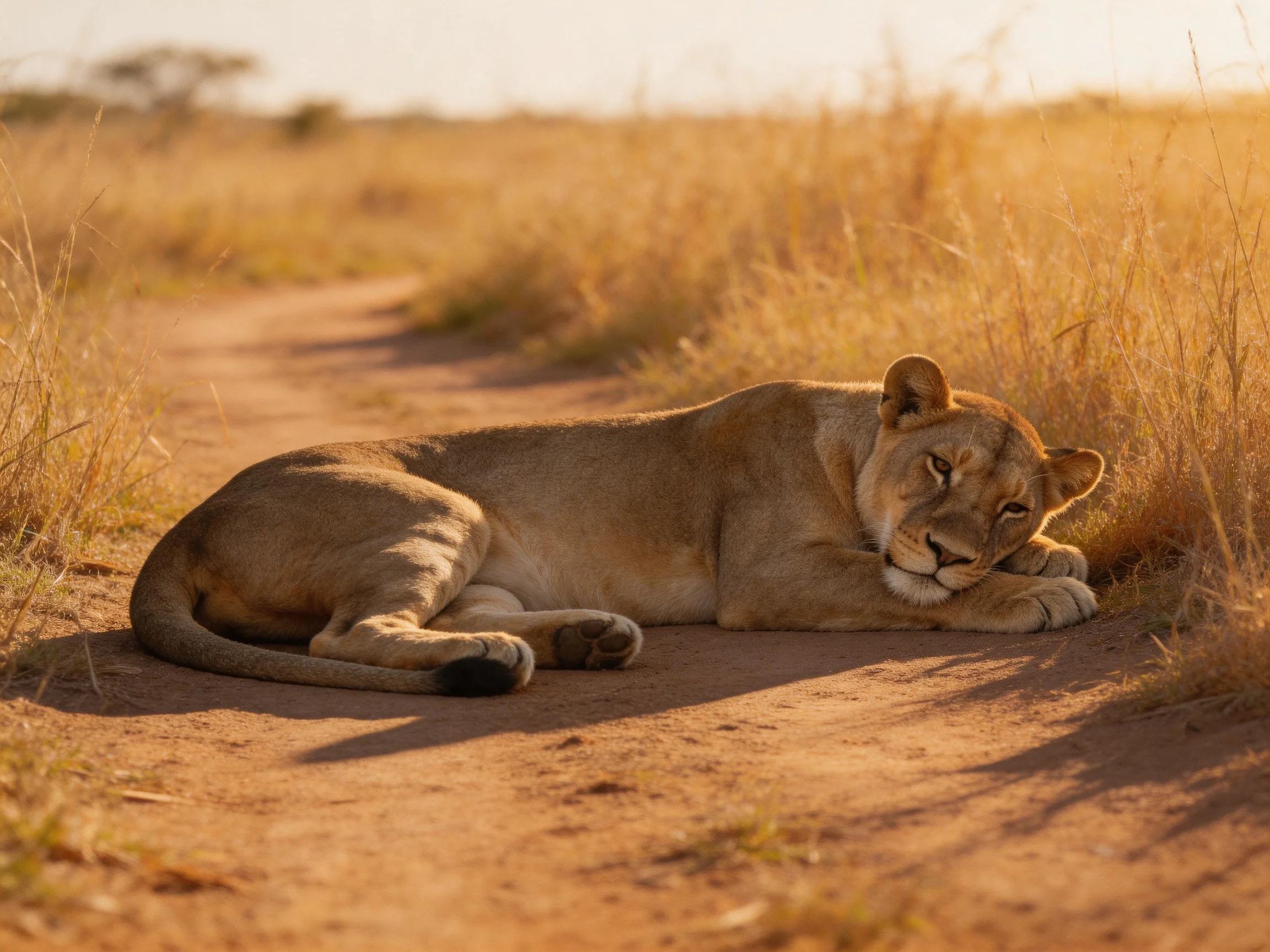 A lioness rests on a dusty path amid golden savannah grasses