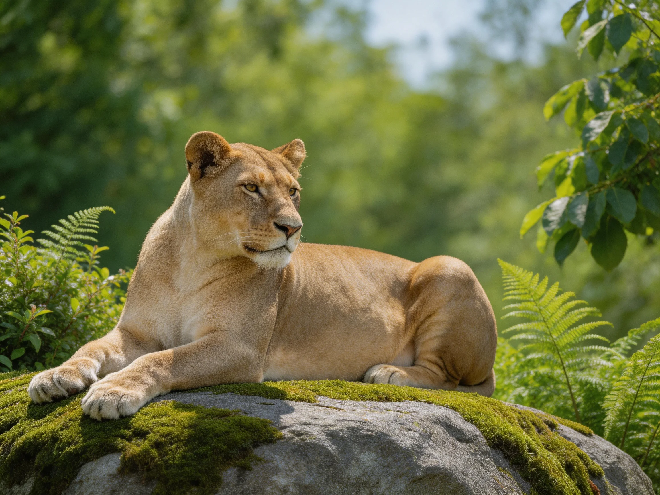 A lioness relaxes on a mossy rock surrounded by dense green vegetation.