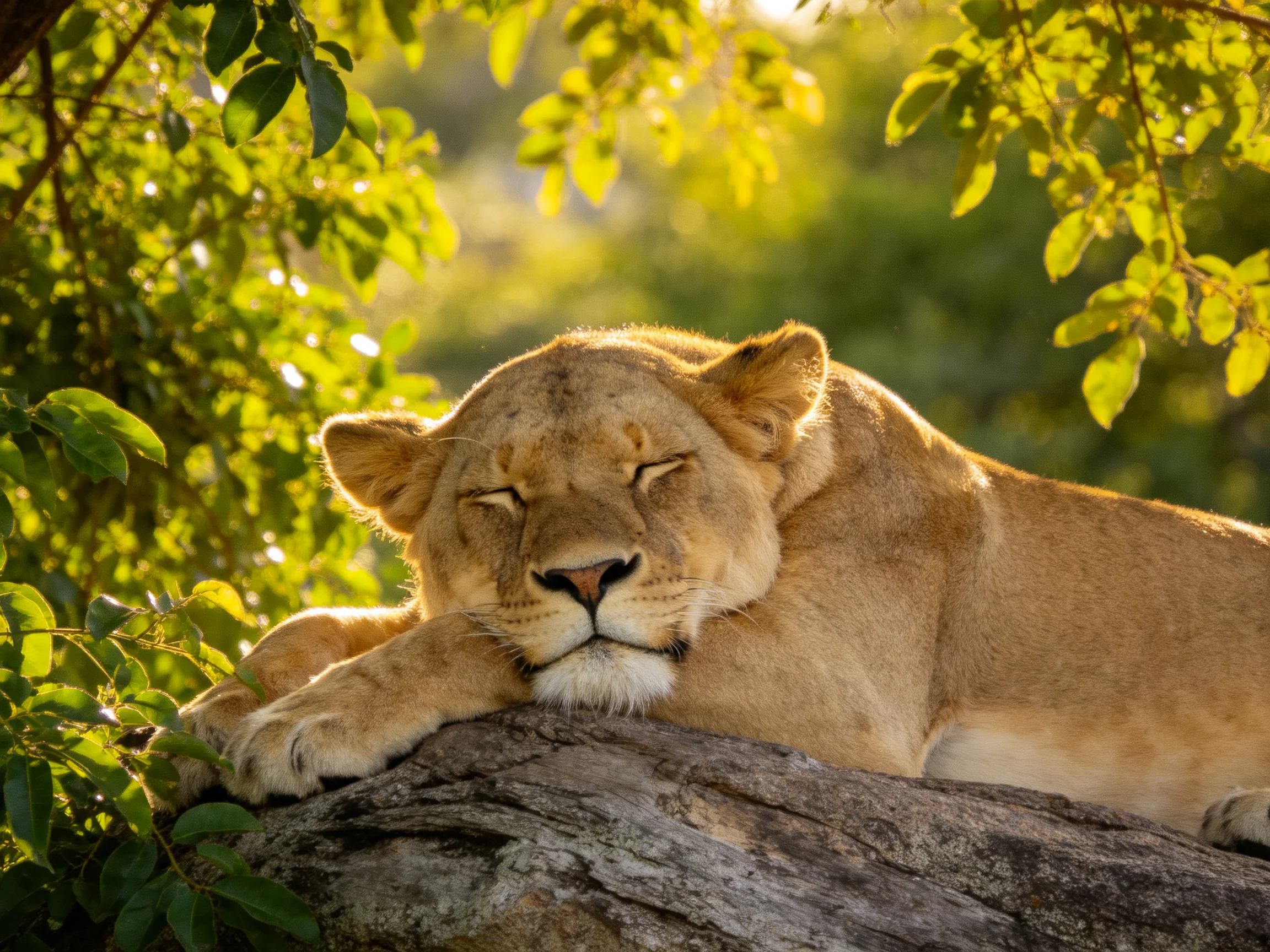 A lioness sleeps atop a weathered log surrounded by greenery in bright sunlight.