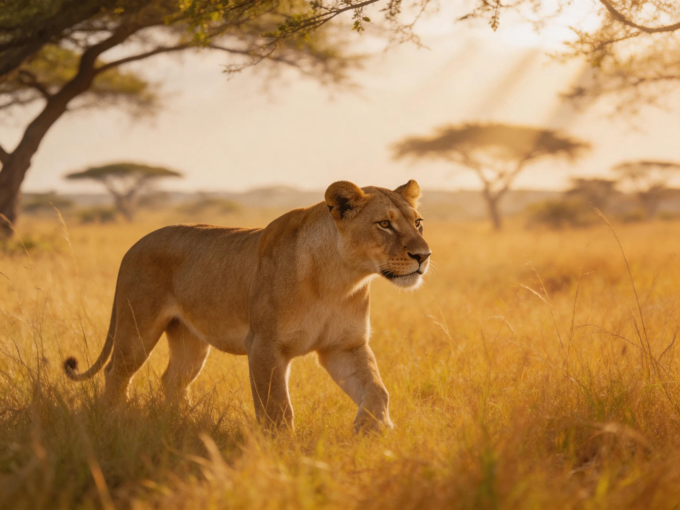 A lioness moves through golden savannah grass among scattered trees.