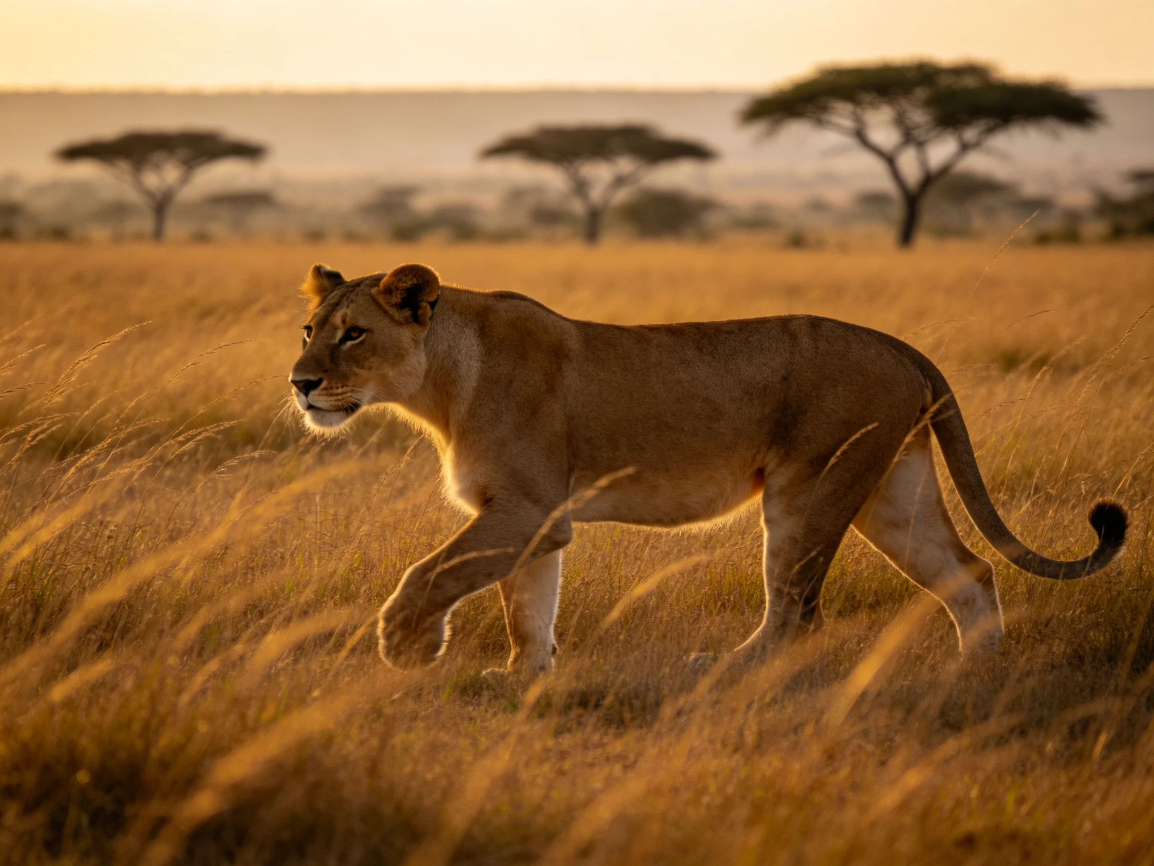 A lioness roams golden savannah grasslands at sunset