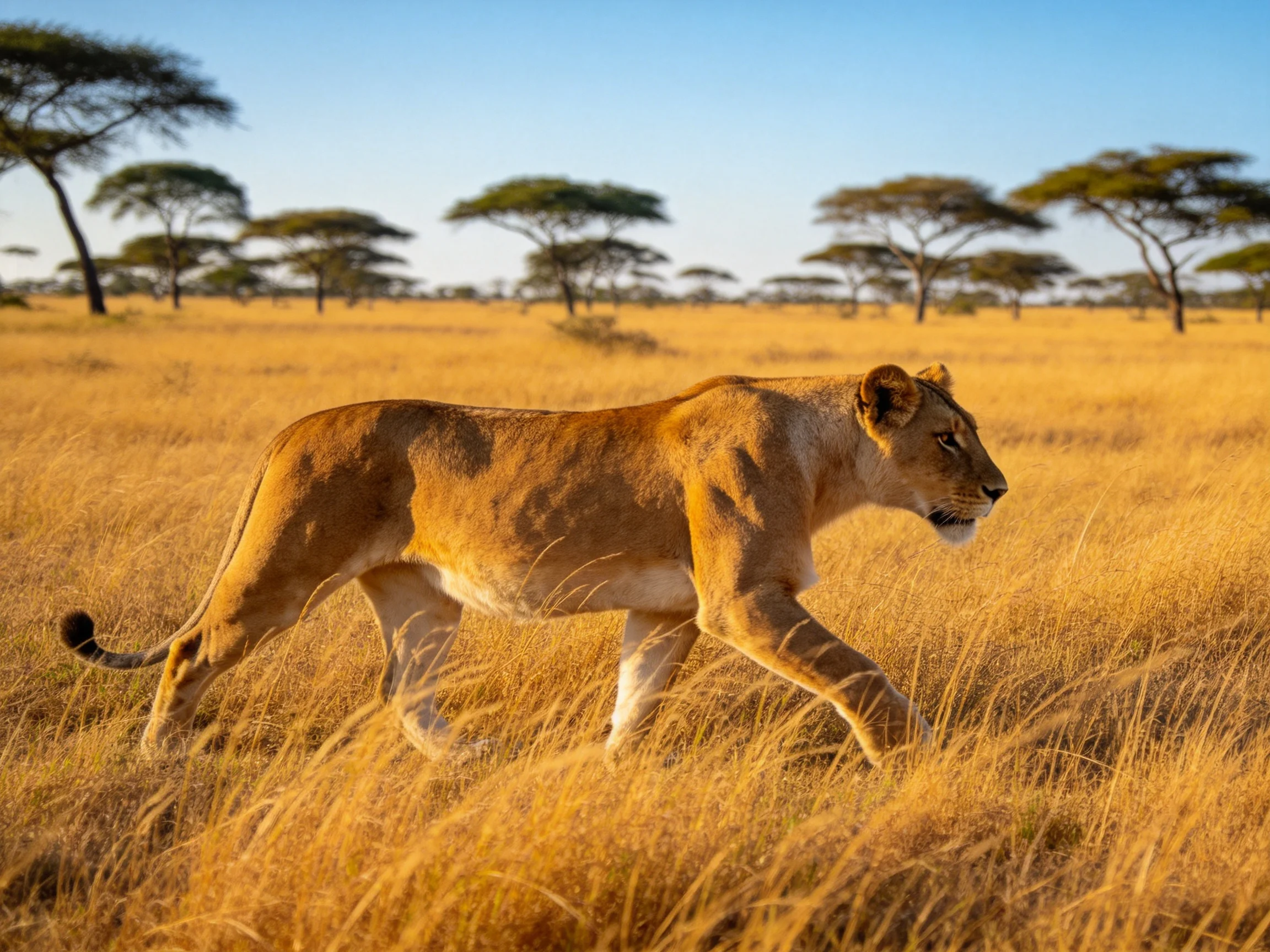 A lioness roams golden savannah with scattered acacia trees