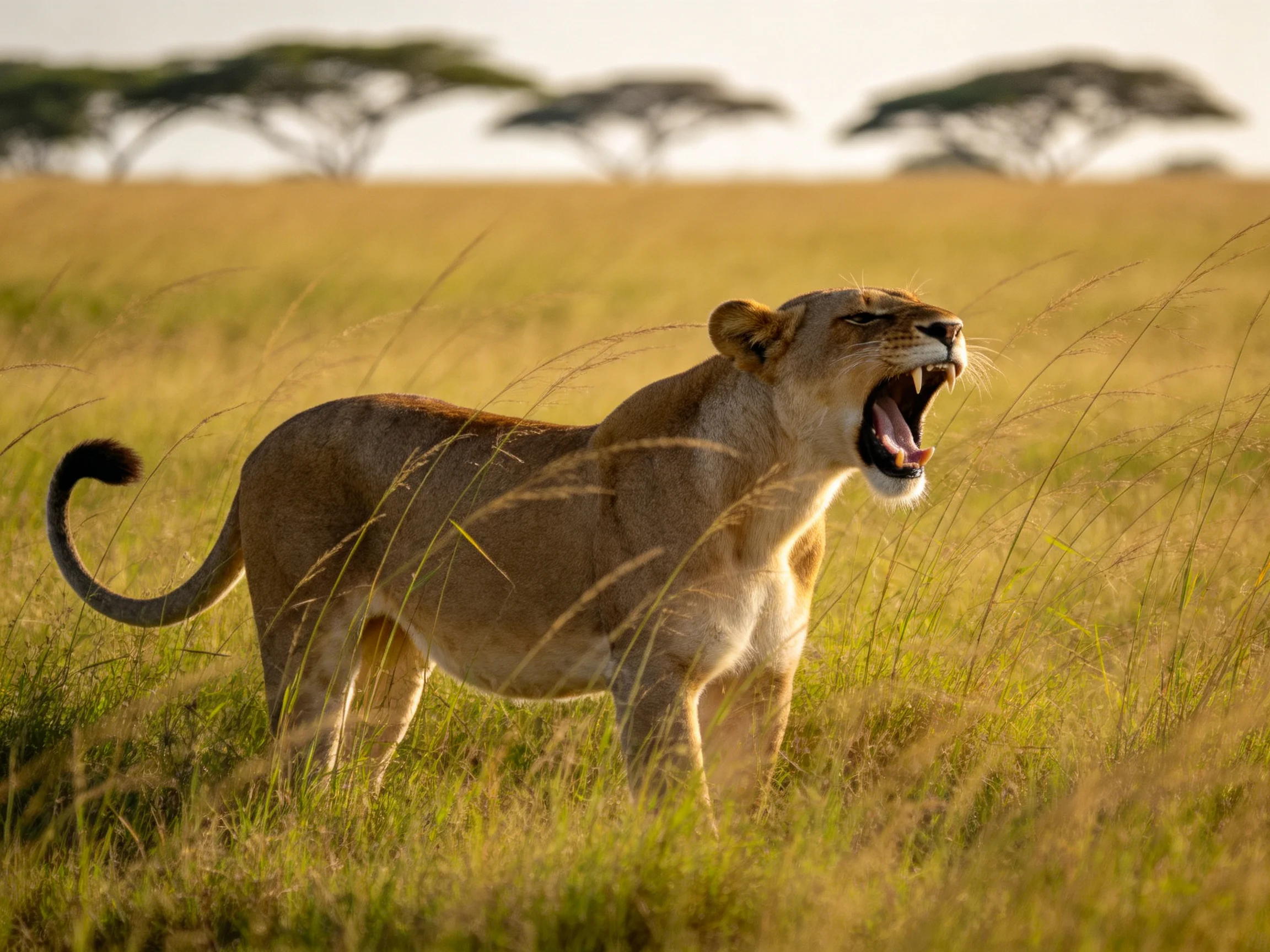A lioness roars amid golden savannah grasses with distant acacia trees
