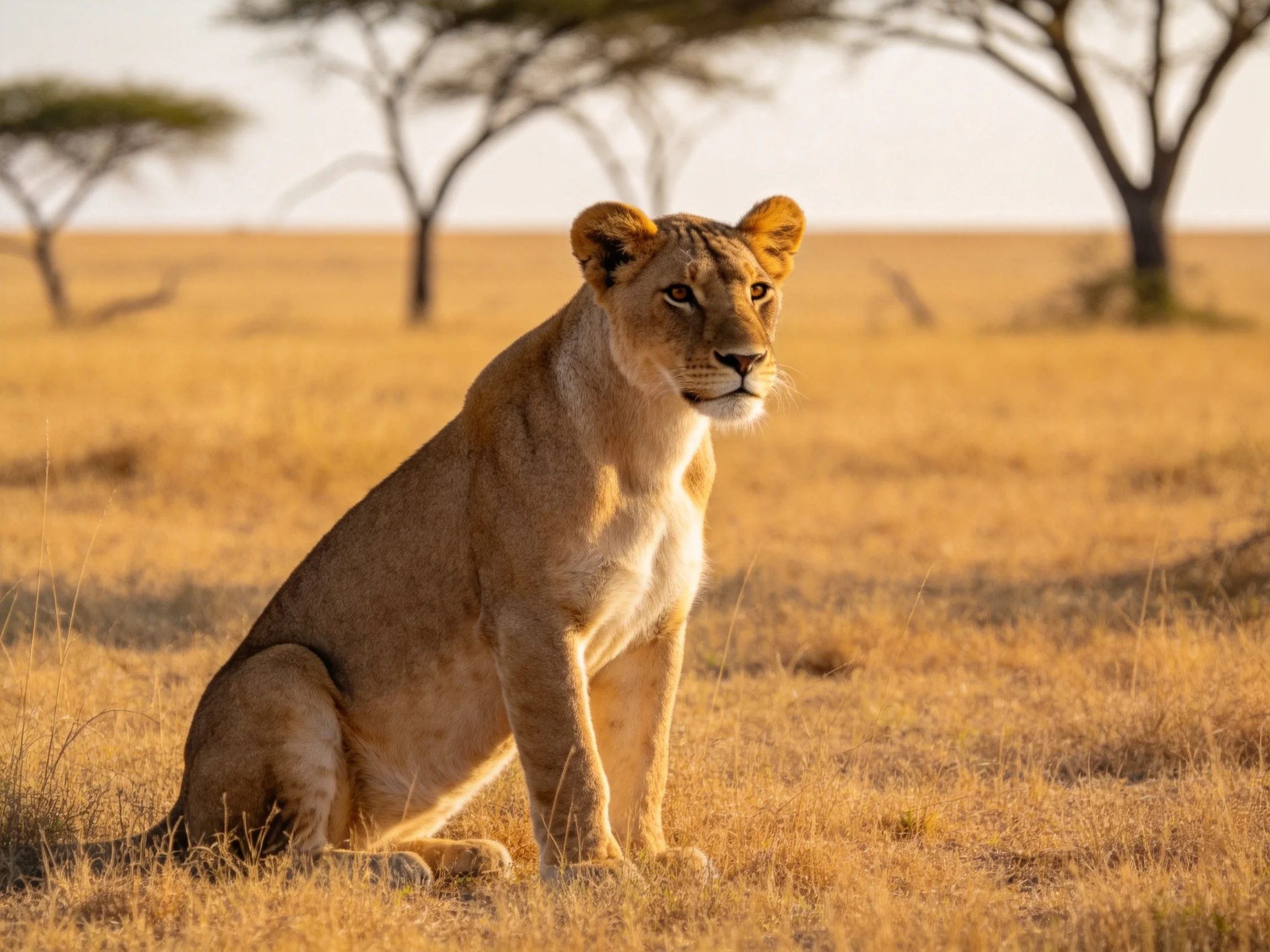 A lioness sits in golden savannah with acacia trees