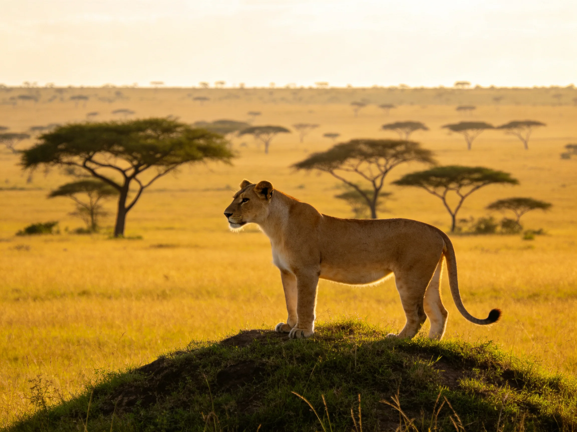 A lioness stands atop a mound in a golden savannah landscape