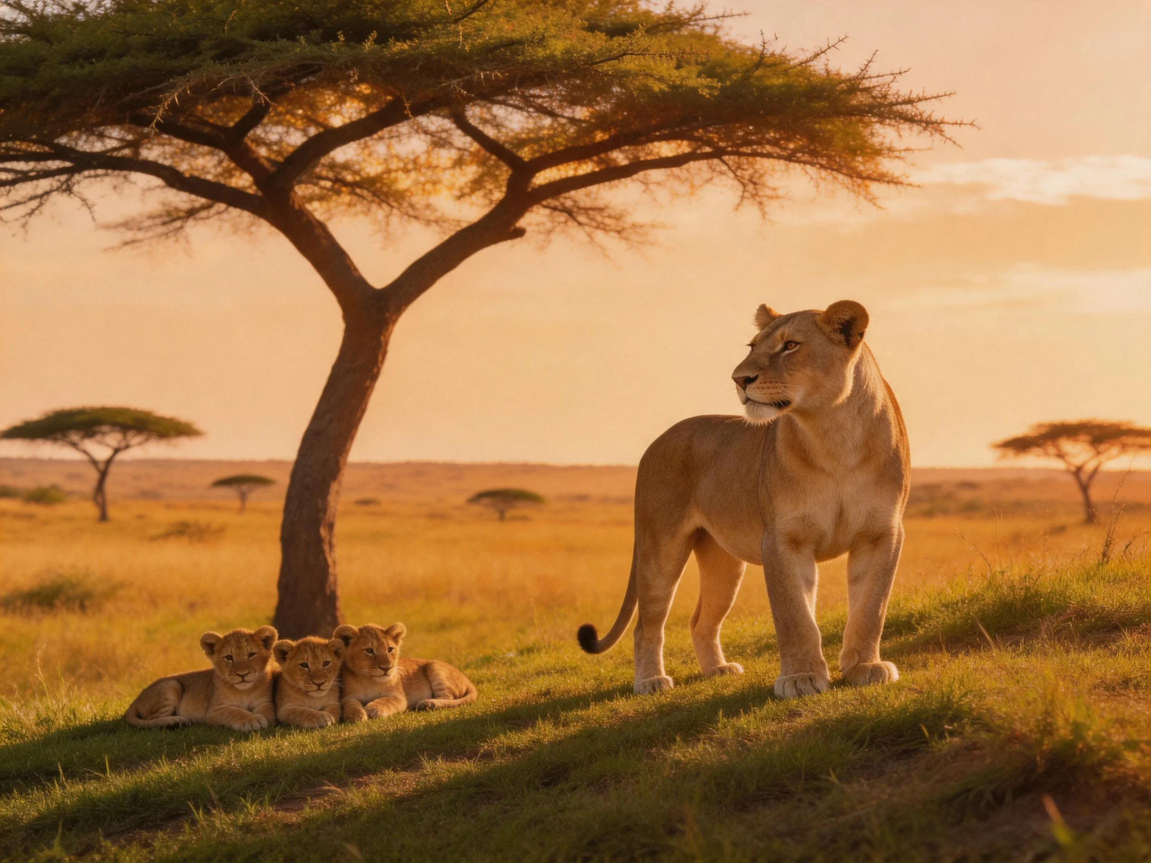 A lioness watches over three cubs resting near an acacia tree in a sunlit savannah.