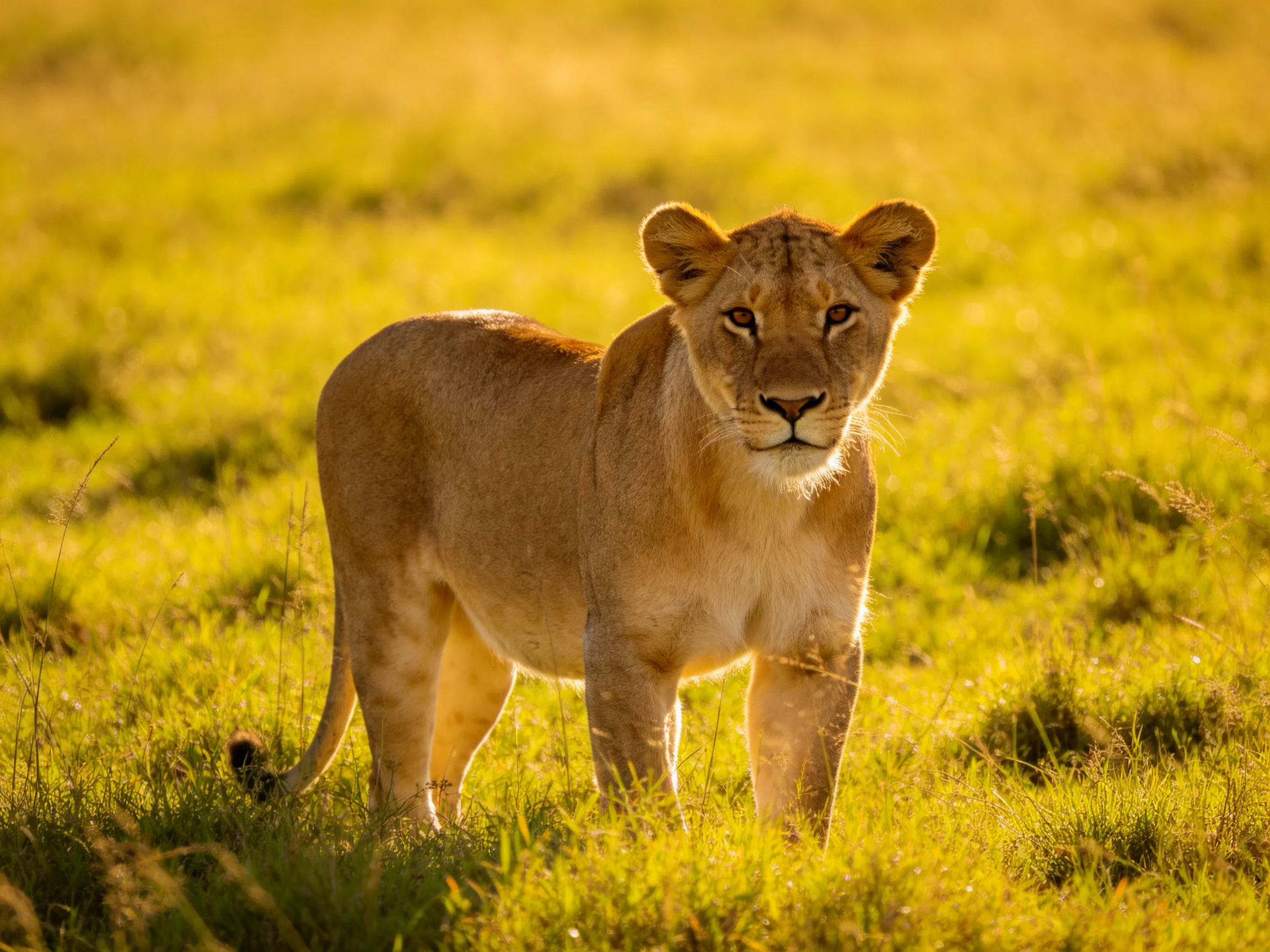 A lioness stands alertly in sunlit savannah grass.