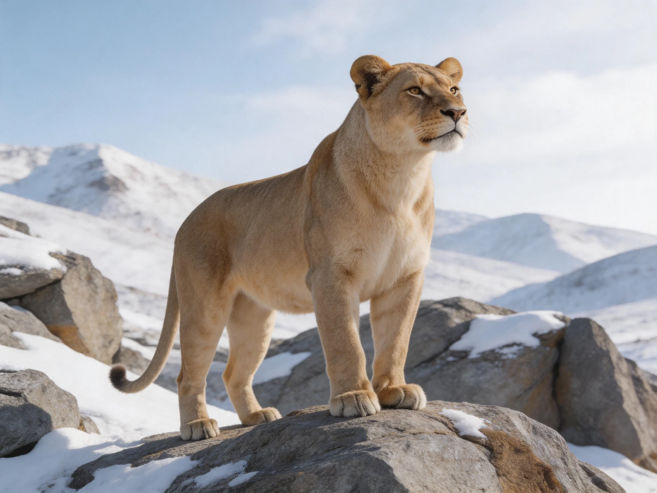 A lioness stands on snow-covered rocks with mountainous backdrop