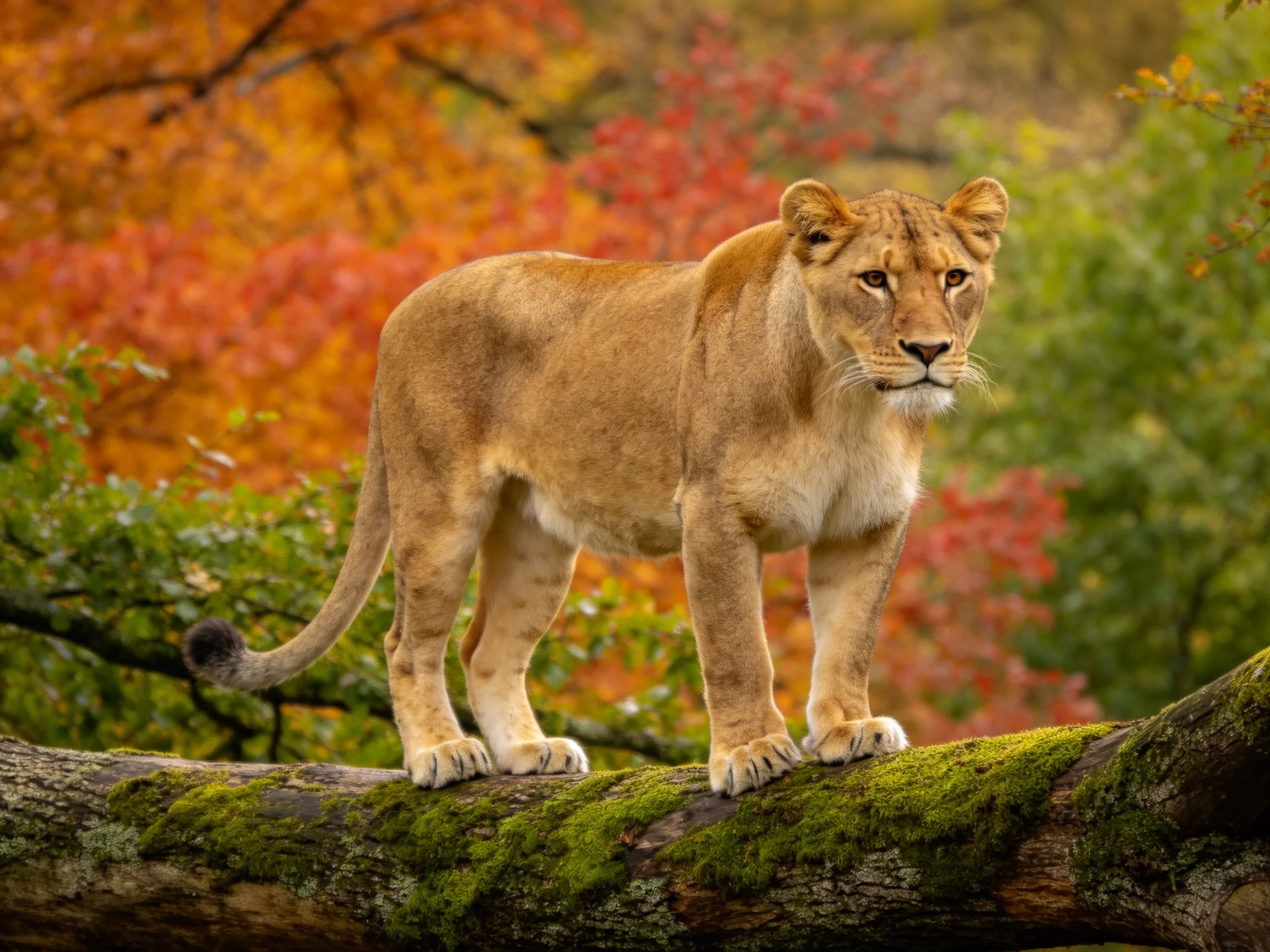A lioness stands on a moss-covered log with colorful fall foliage in the background.
