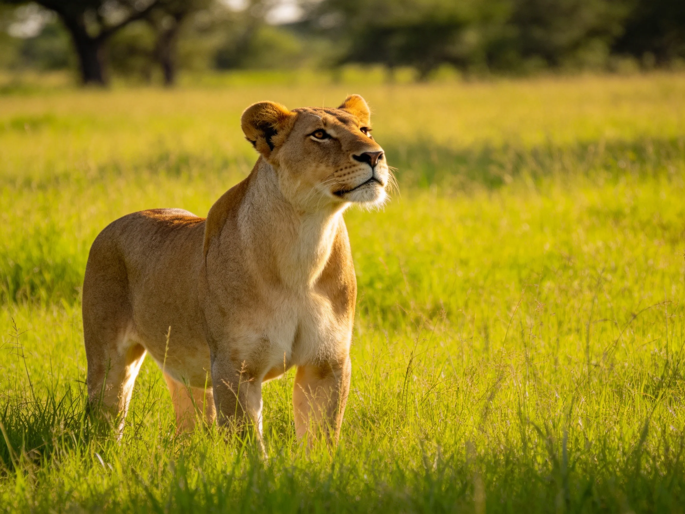 A lioness stands alert amidst tall green grass in a sunlit savannah.