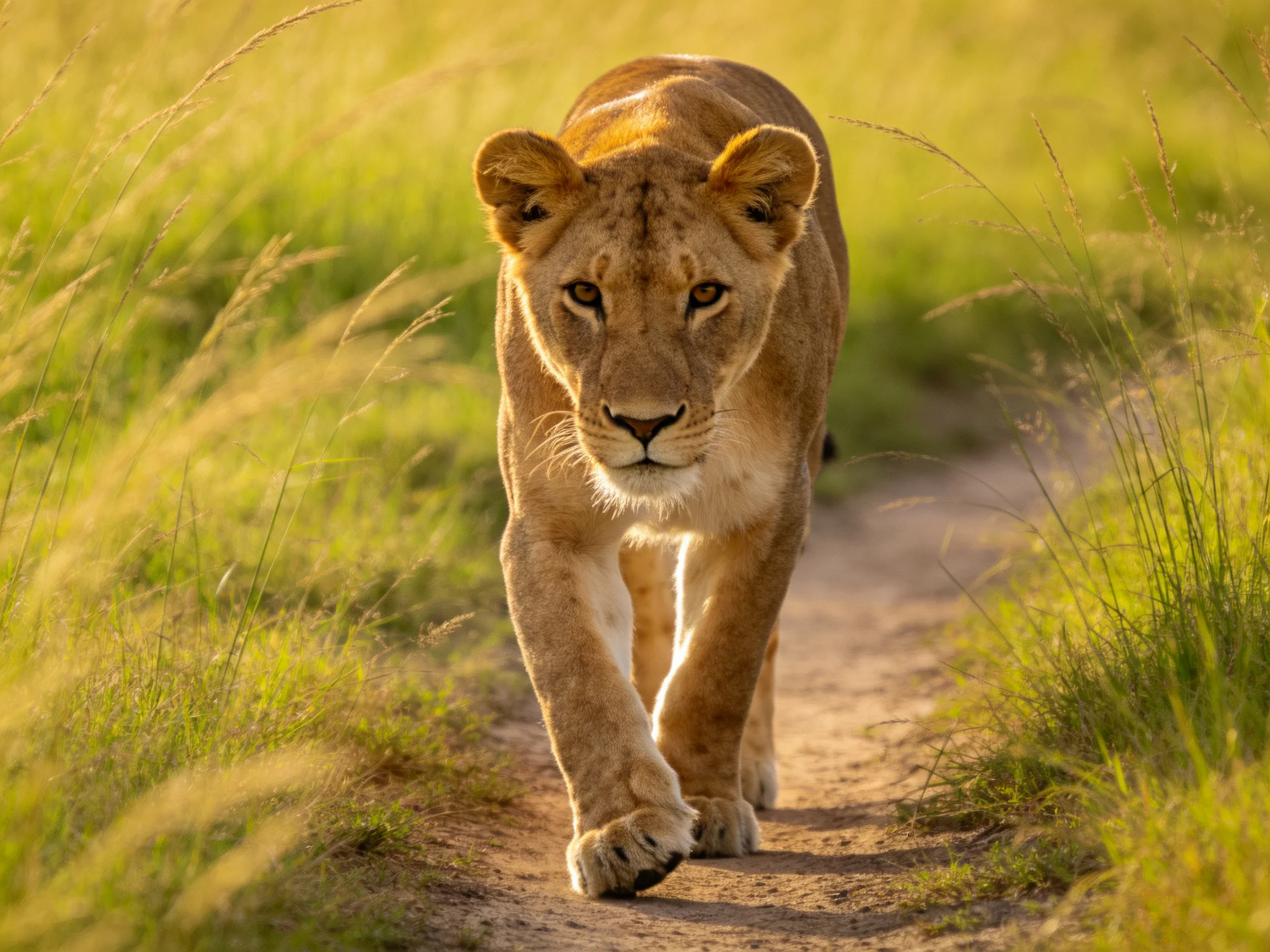 A lioness walks forward on a sunlit dirt path in a grassy landscape.