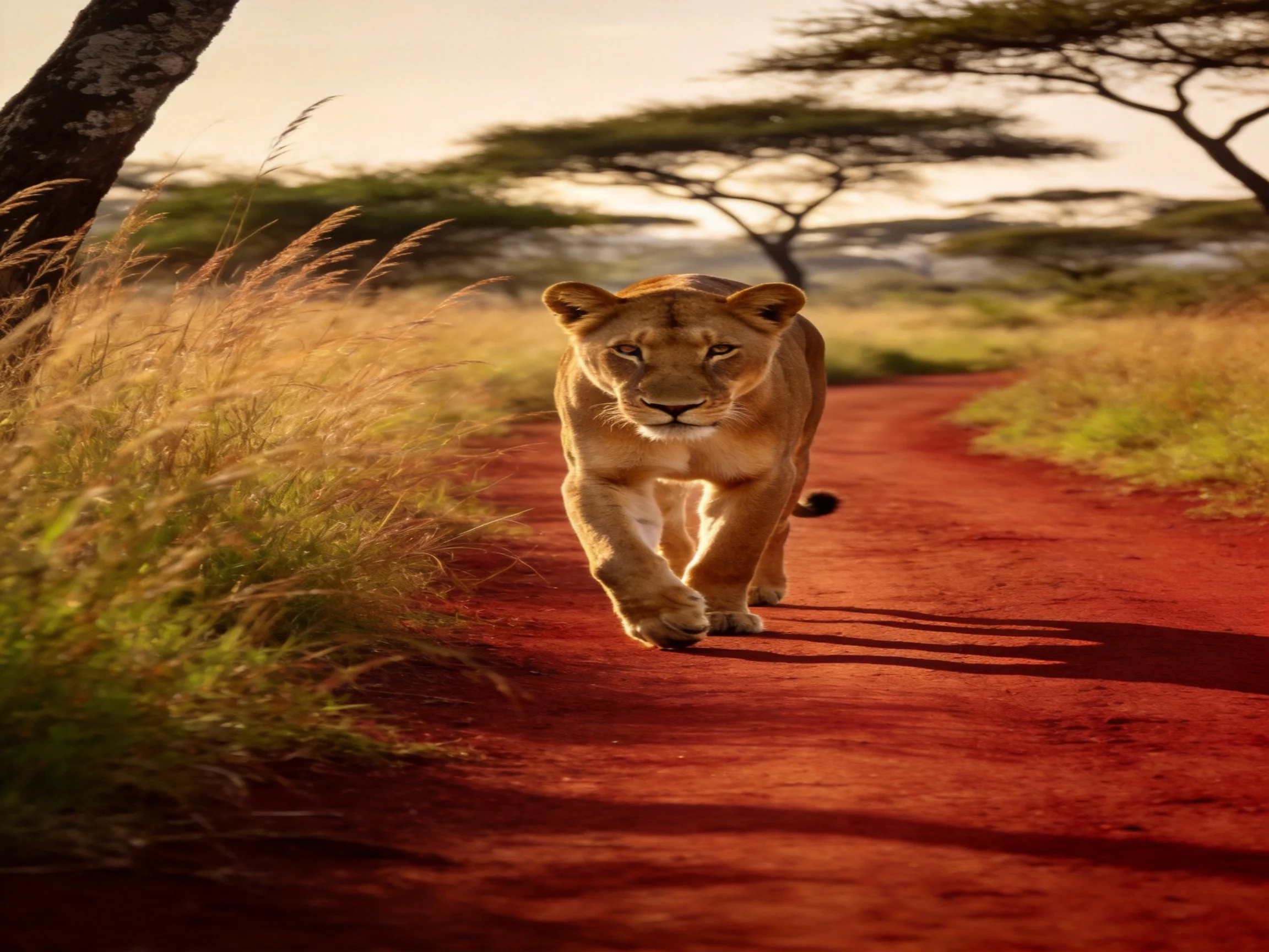 A lioness walks along a vivid red dirt path in golden savannah