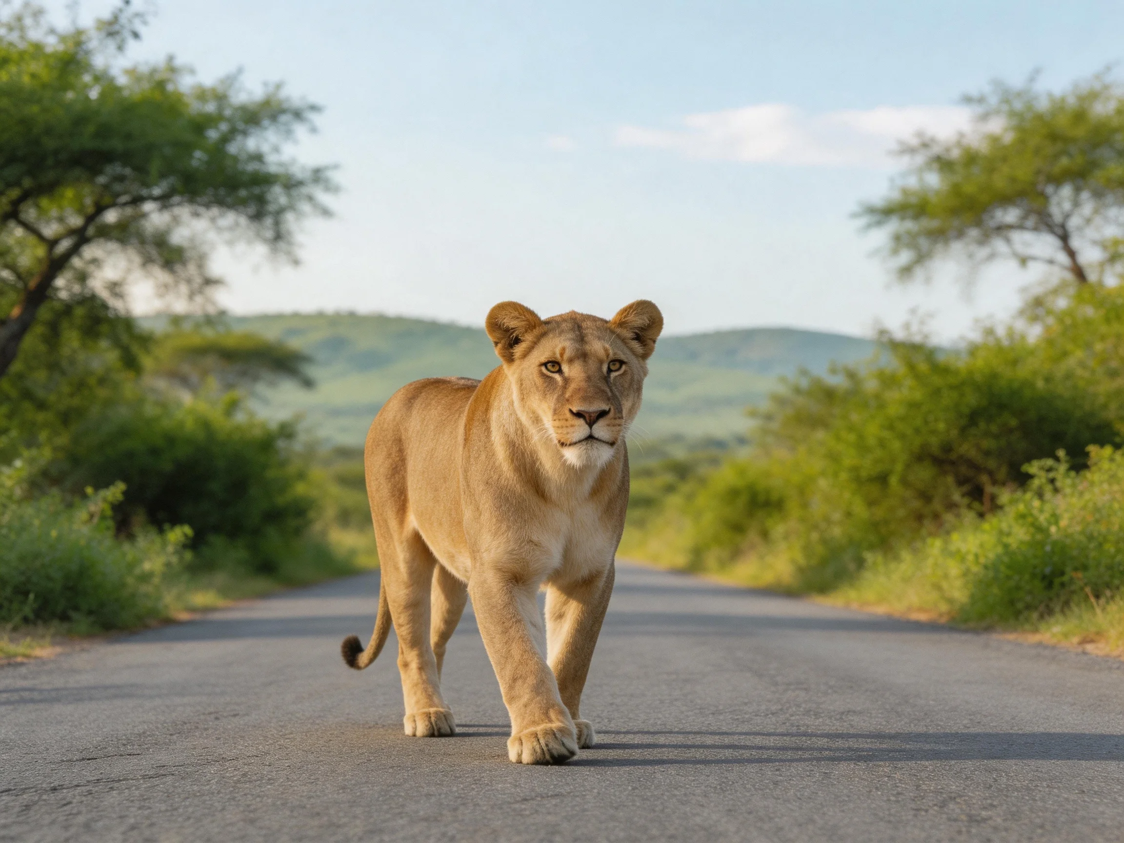 A lioness walks on a paved road through lush greenery.