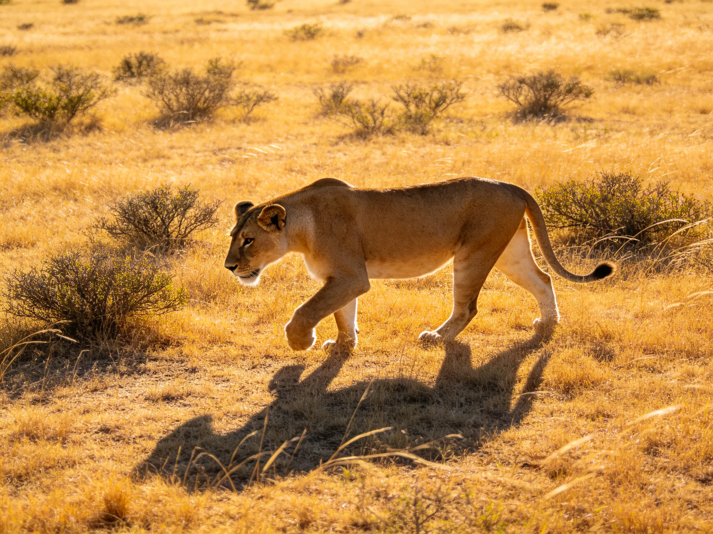 A lioness walks through a golden savannah with scattered shrubs