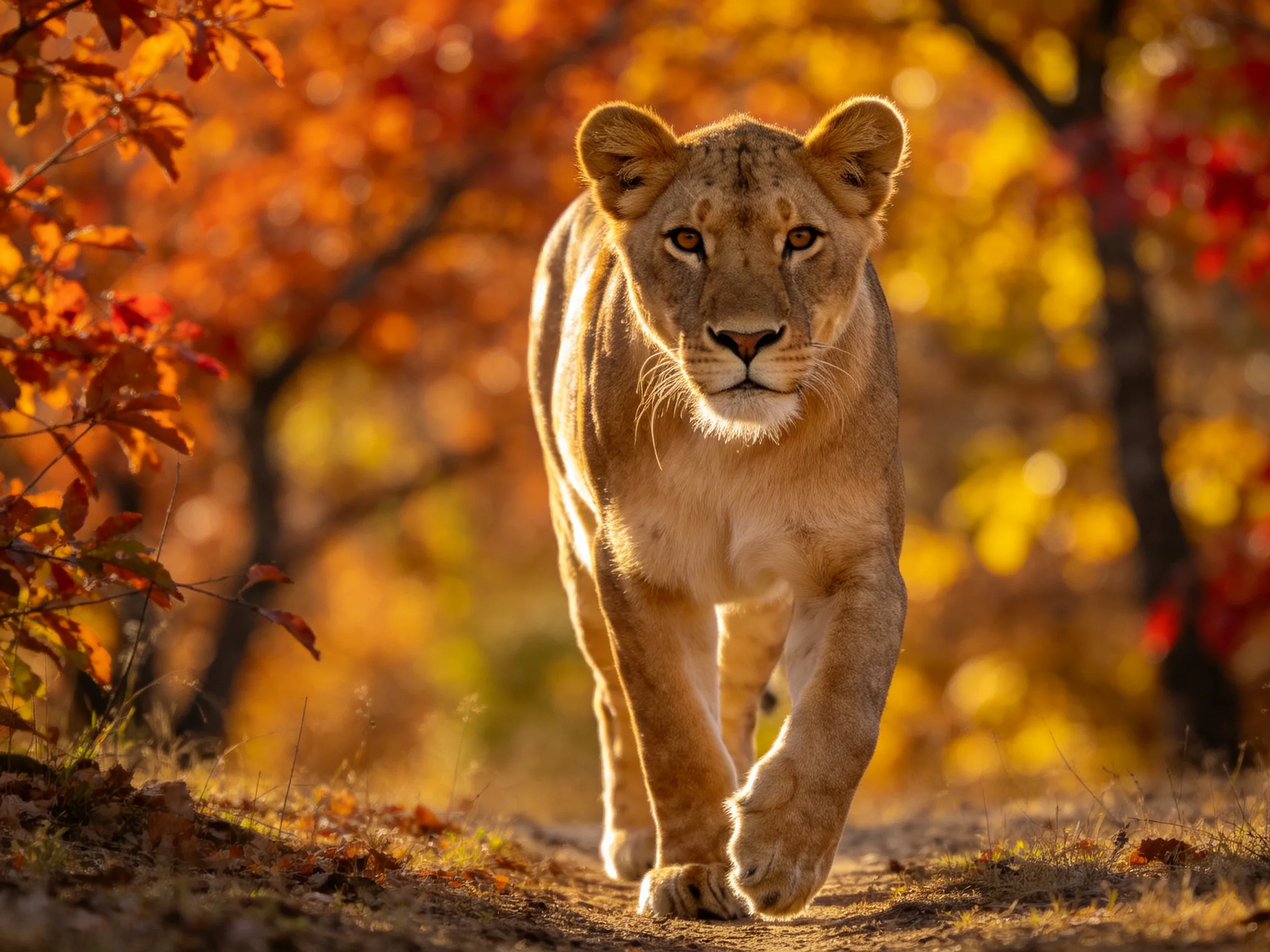 A lioness moves through an autumn forest lit by golden sunlight.
